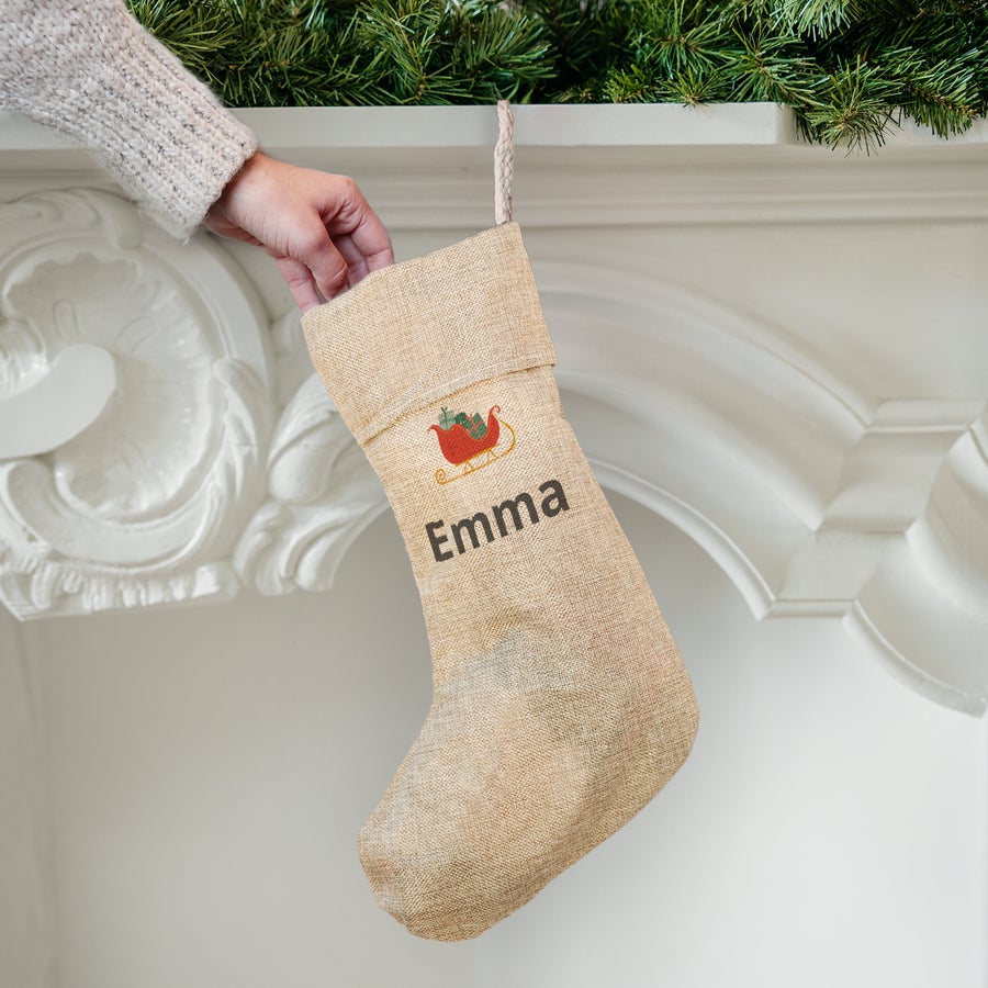 Calza della Befana personalizzata Calza natalizia in juta personalizzata con nome Emma e stampa slitta rossa per Natale