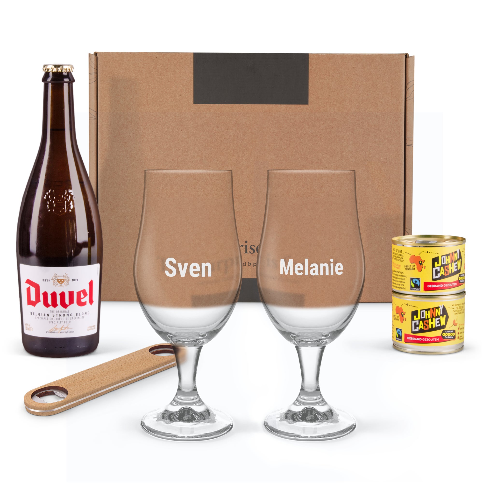 Geschenkset mit Bier, Biergläser mit Gravur, Nüsse Flaschenöffner  - Onlineshop YourSurprise