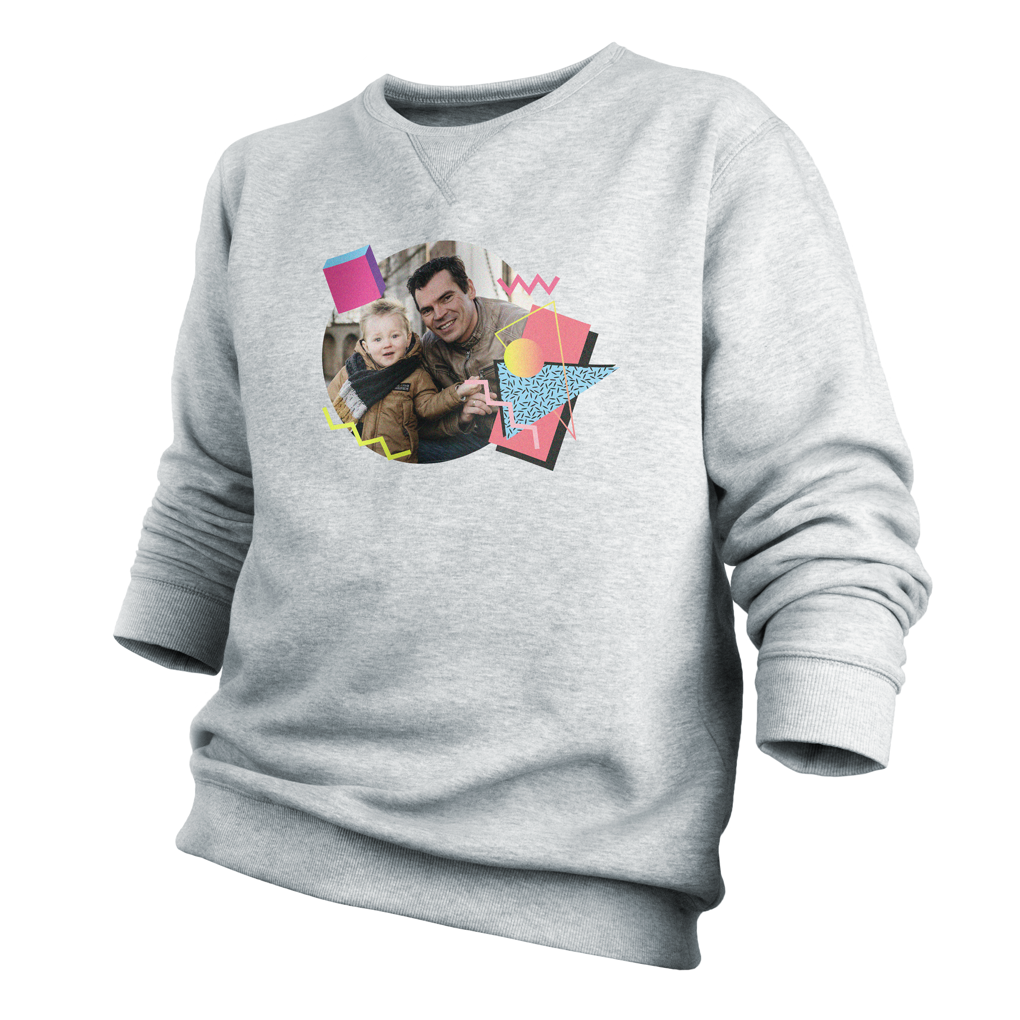 Grå sweatshirt med et personlig trykk av en mann og et barn, omringet av fargerike former, et genser med ditt design.