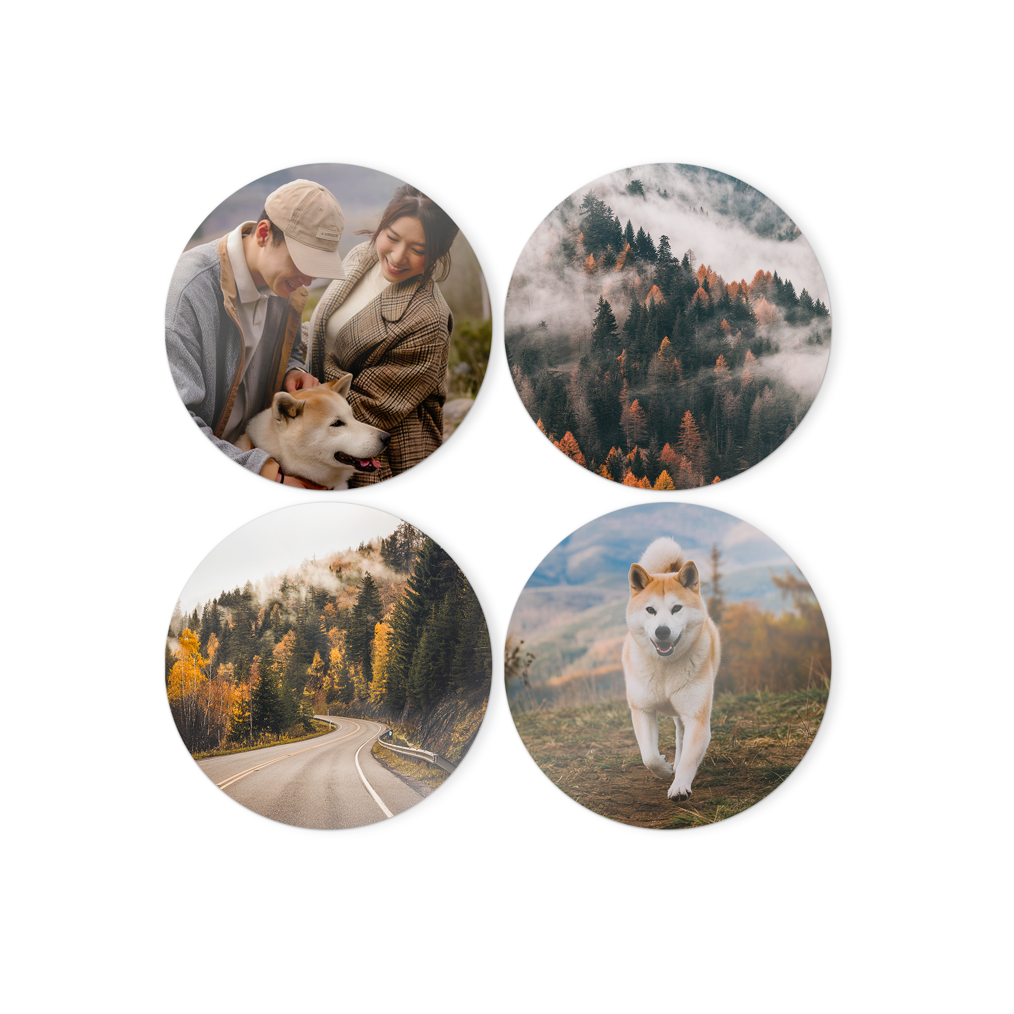 Fyra runda träväggkonstpaneler med personliga fototryck, par med hund, dimmiga berg, väg och hund i terräng för att dekorera din vägg