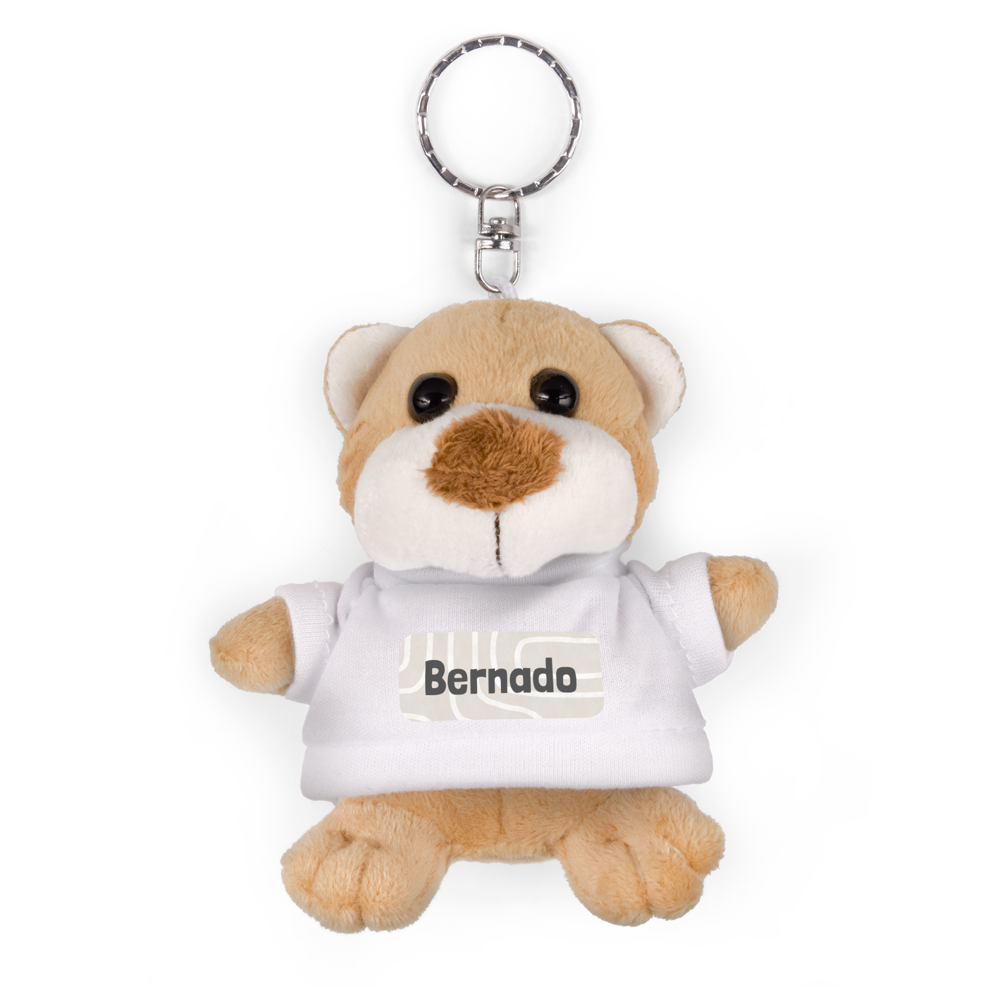 Portachiavi orsetto di peluche marrone chiaro con maglietta bianca stampata con il nome "Bernado" personalizzabile