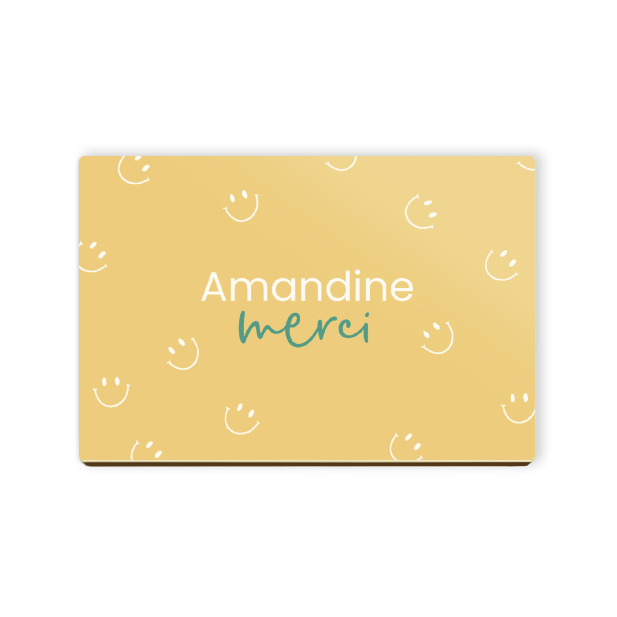 Une carte photo en chocolat personnalisée avec les noms Amandine et merci imprimés