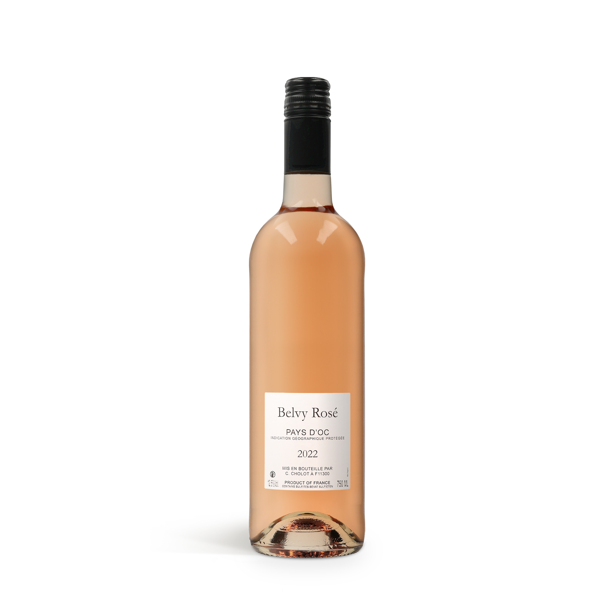 Fľaša ružového vína Belvy Rosé s čiernym vrchnákom, pripravená na darovanie v osobnom balení.