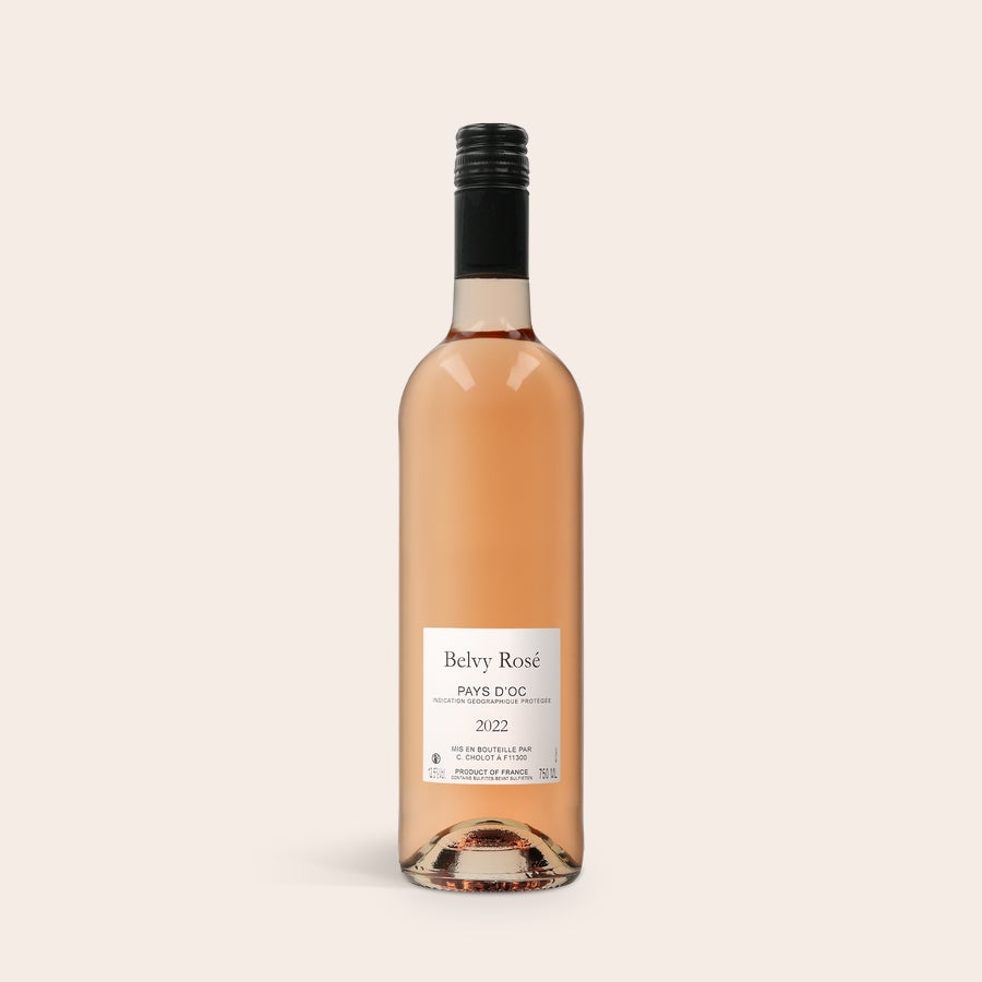 Wijn Belvy Rose personaliseren Belvy rosé wijnfles met etiket 'Belvy Rosé Pays d'Oc 2022' als cadeau