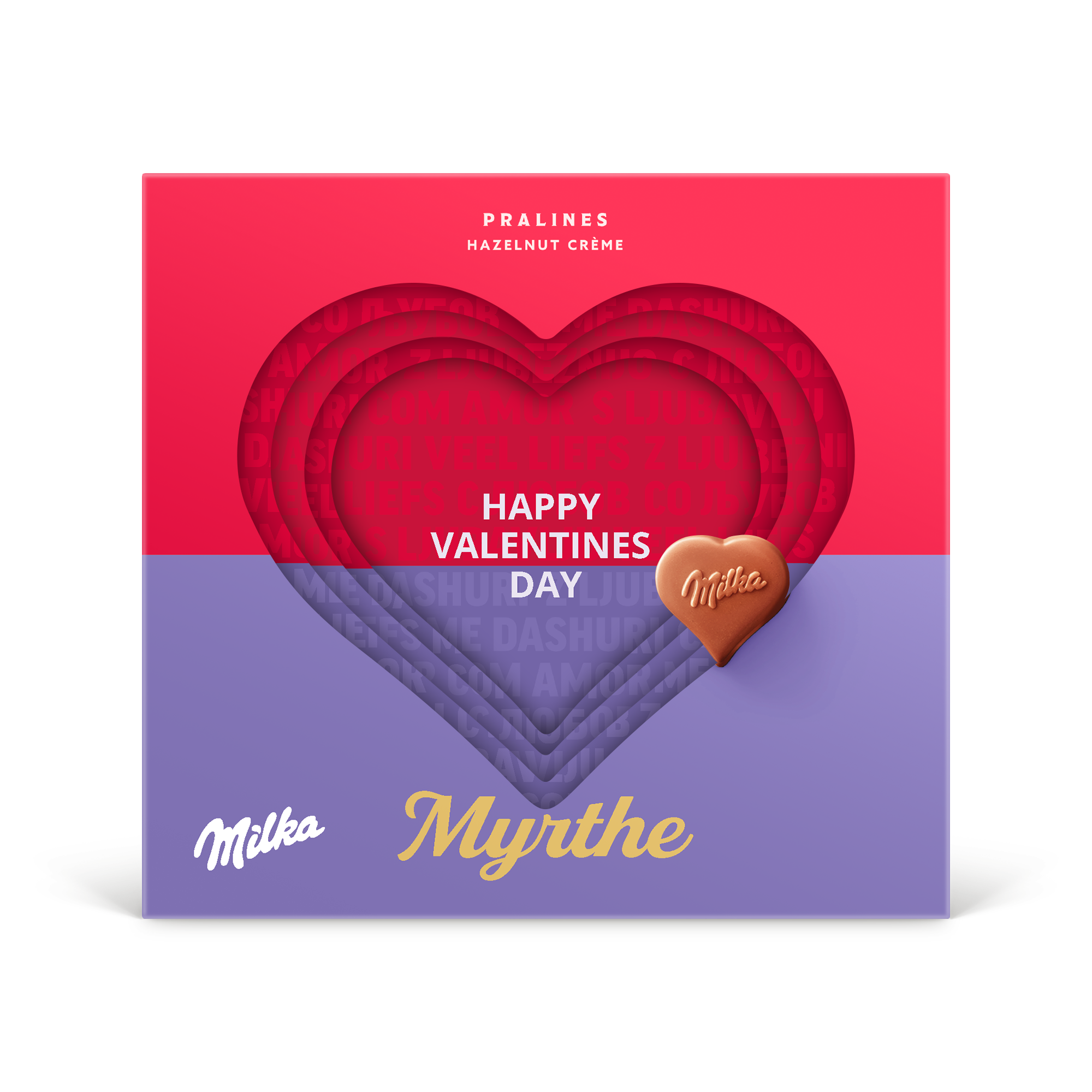 Milka hartjes in gepersonaliseerde 3D doos bedrukt met Happy Valentines en de naam Myrte