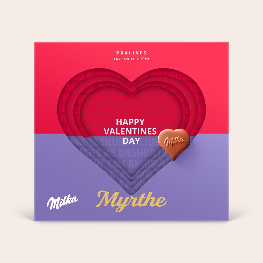 Milka hartjes in 3D chocolade doos Milka hartjes in gepersonaliseerde 3D doos bedrukt met Happy Valentines en de naam Myrte