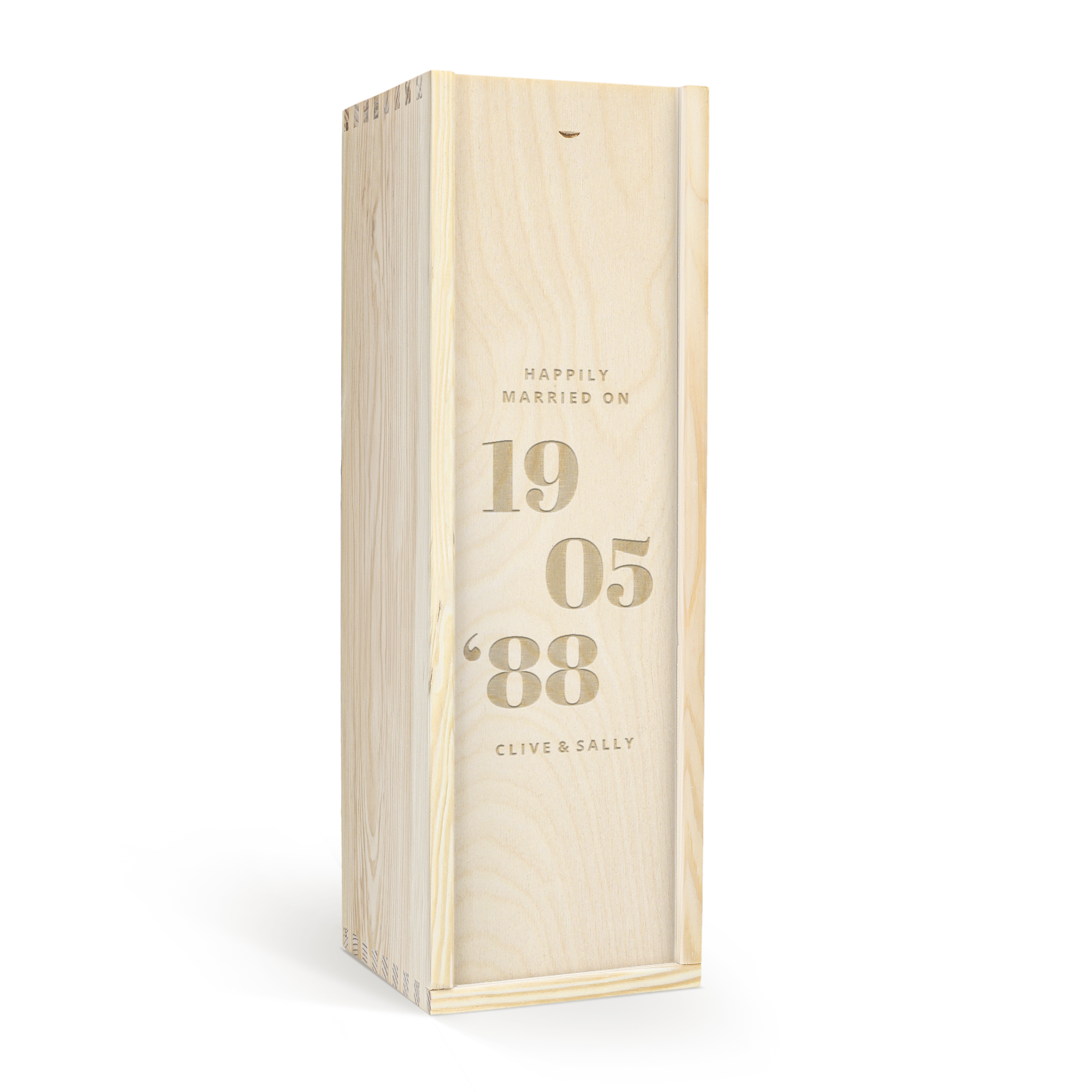 Confezione in legno incisa con "Happily Married On 19 05 '88 Clive & Sally", perfetta per sorprendere i tuoi cari