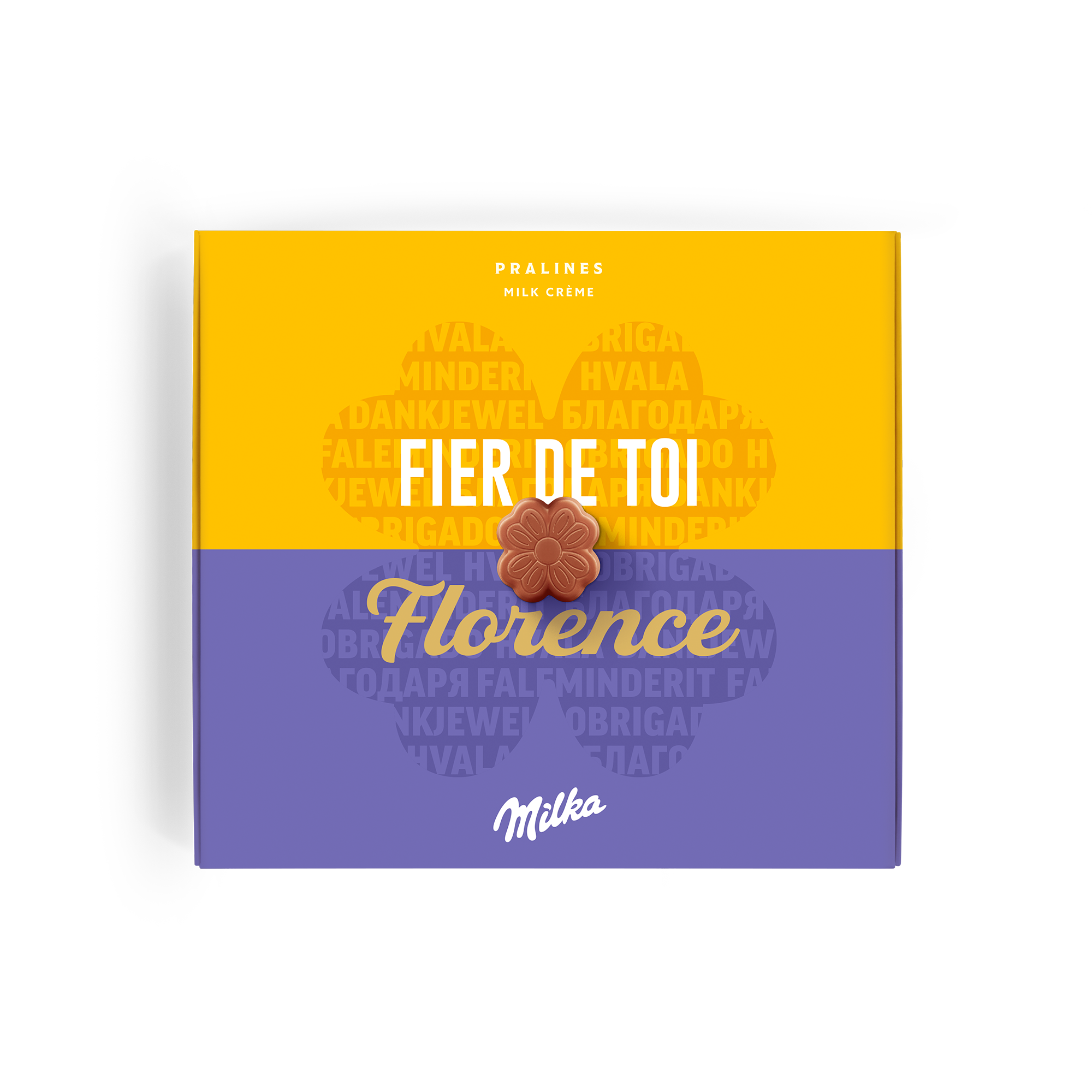 Coffret Milka personnalisé imprimé Dites Merci avec un chocolat fleur, le nom Florence et le texte Fier de toi