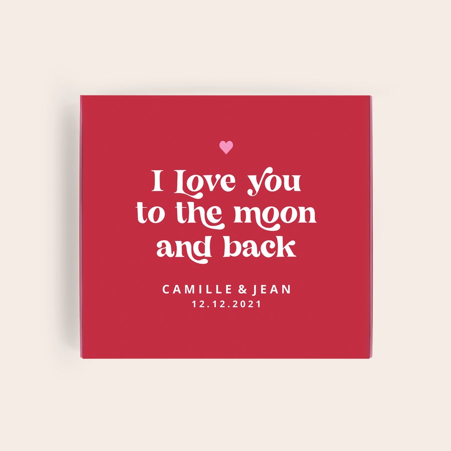 Milka personnalisé - Amour Coffret cadeau Milka personnalisé rose imprimé avec I Love You to the moon and back, Camille & Jean, 12.12.2021