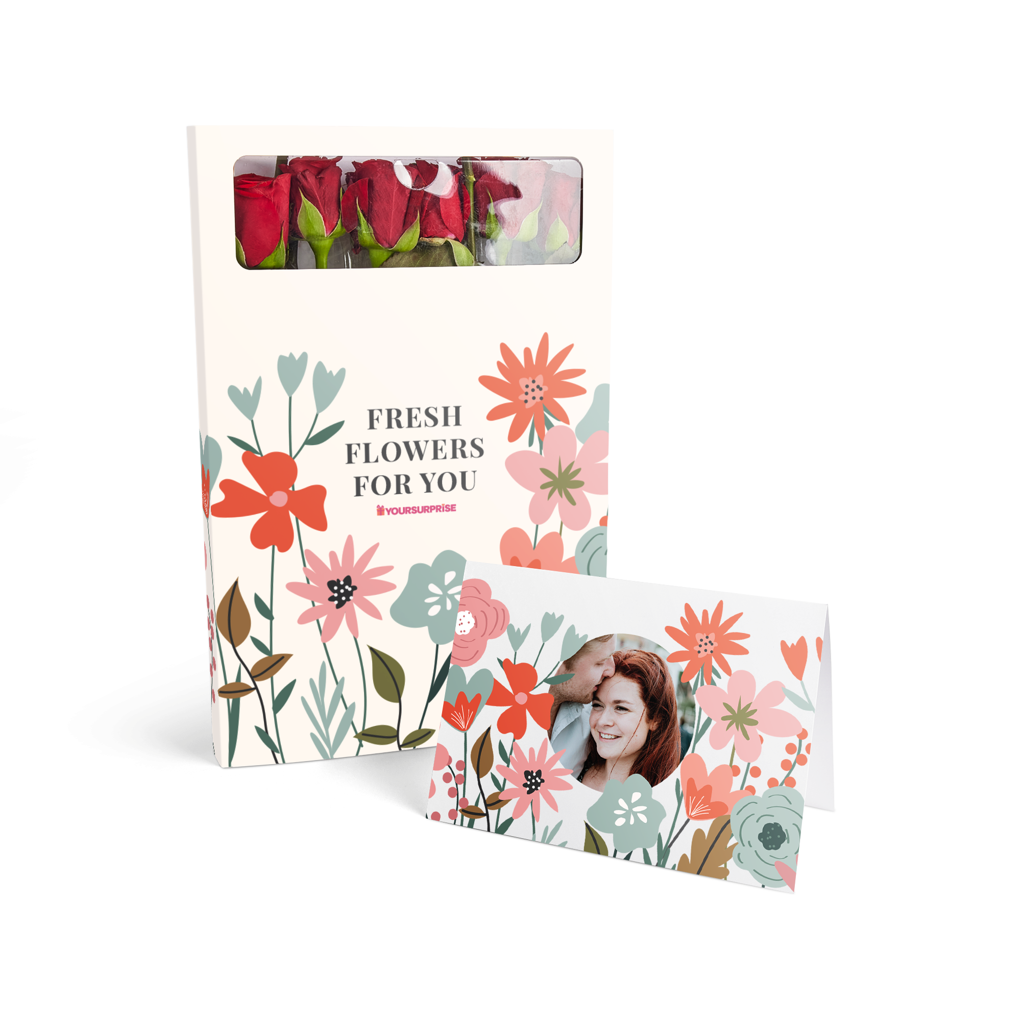 Briefkastenblumen mit personalisierter Karte - Rote Rosen und Ihre Liebsten als Foto aufgedruckt