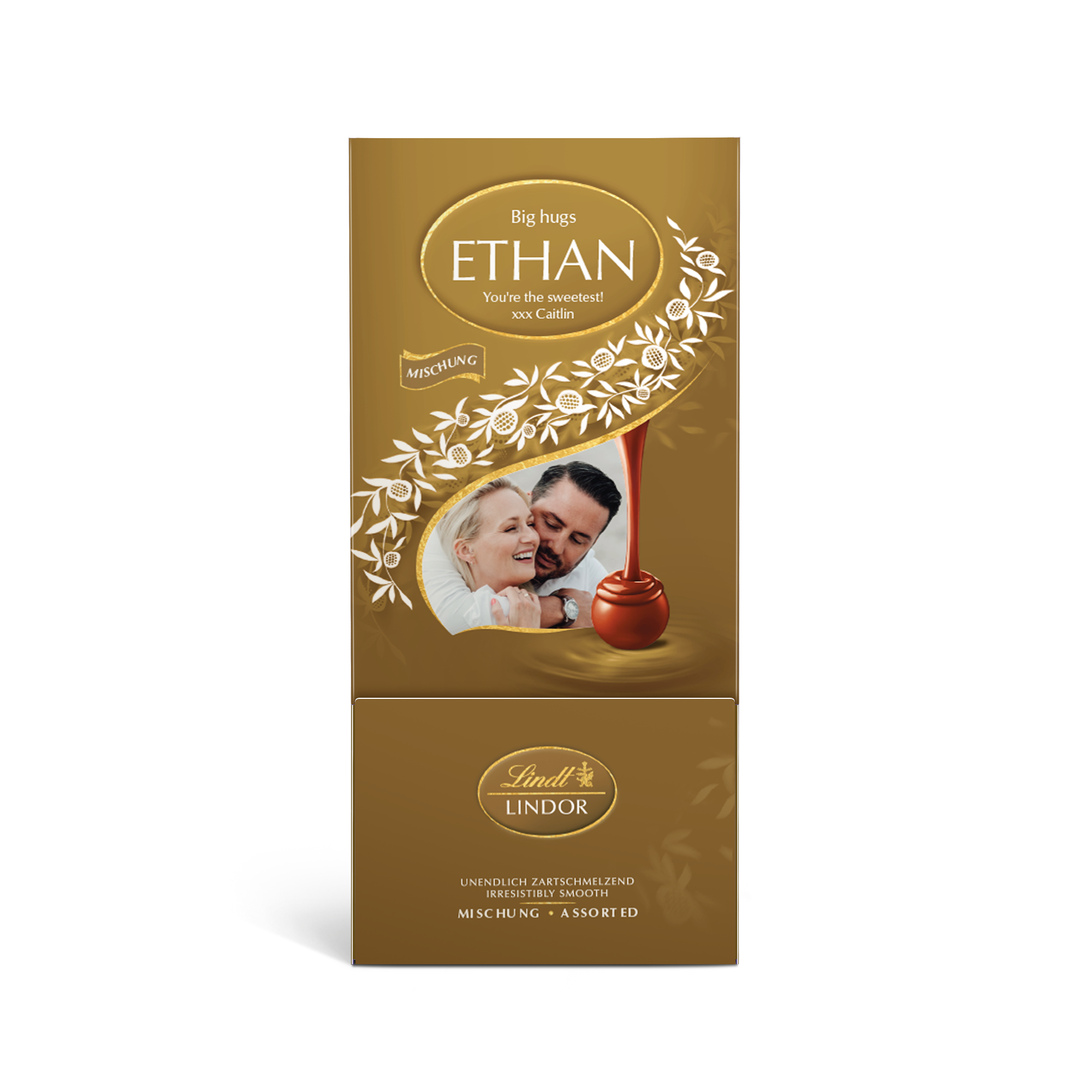 Caixa de presente personalizada de chocolate Lindt, com foto e nome "ETHAN" impresso.