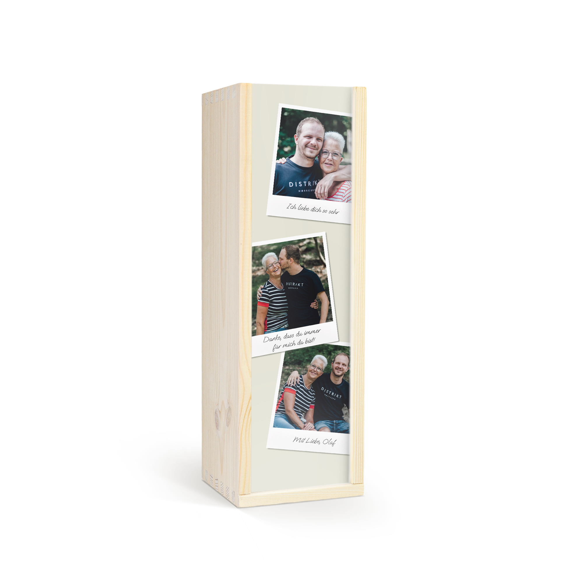 Weinkiste mit Foto, bedruckt mit drei Polaroids eines Mannes und einer Frau und personalisiert mit Text