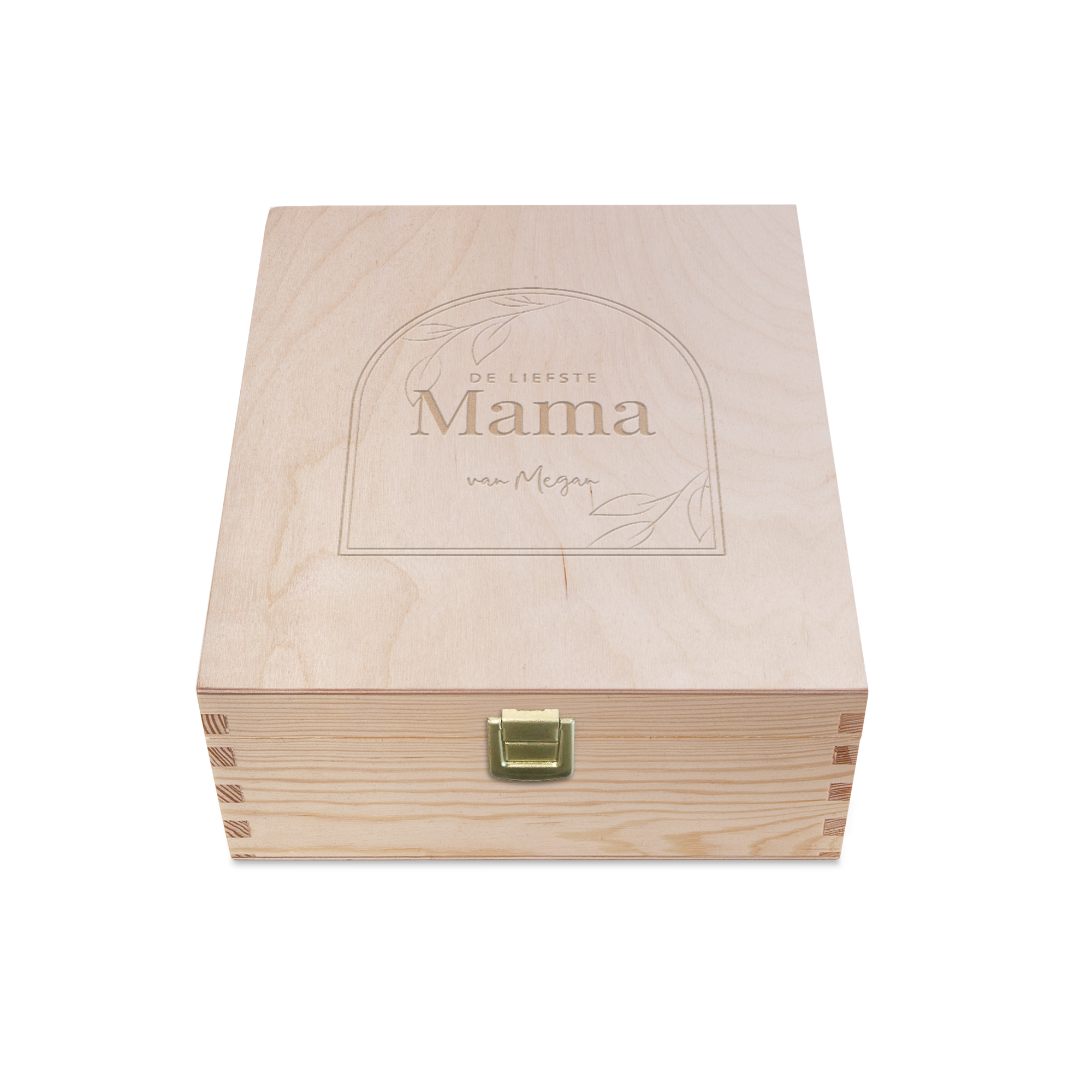 Gegraveerde theedoos van hout met de tekst De liefste Mama van Megan, speciaal voor jouw theemoment.
