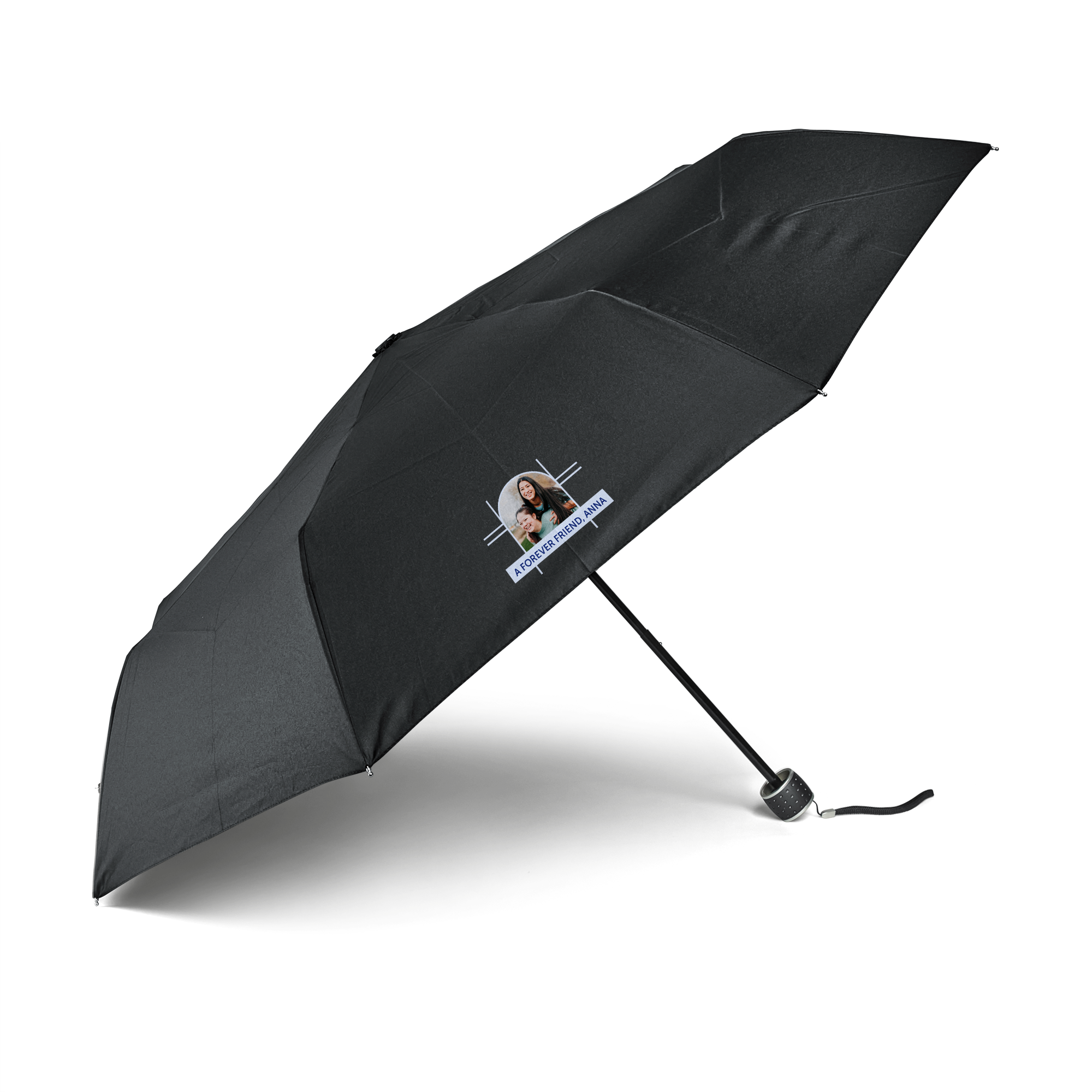 Guarda-chuva dobrável preto, personalizado com foto impressa e texto A FOREVER FRIEND, ANNA