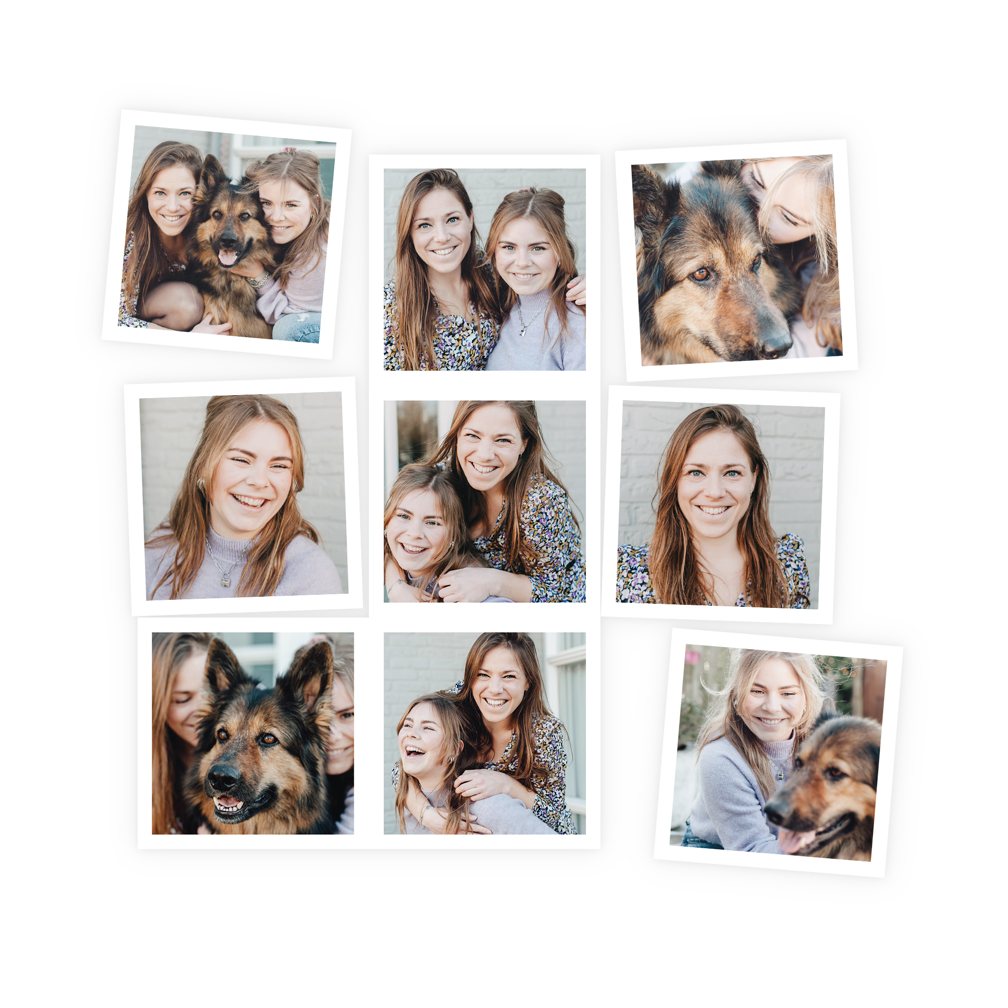 Negen gepersonaliseerde magneten bedrukt met foto's van twee lachende vrouwen en een hond.