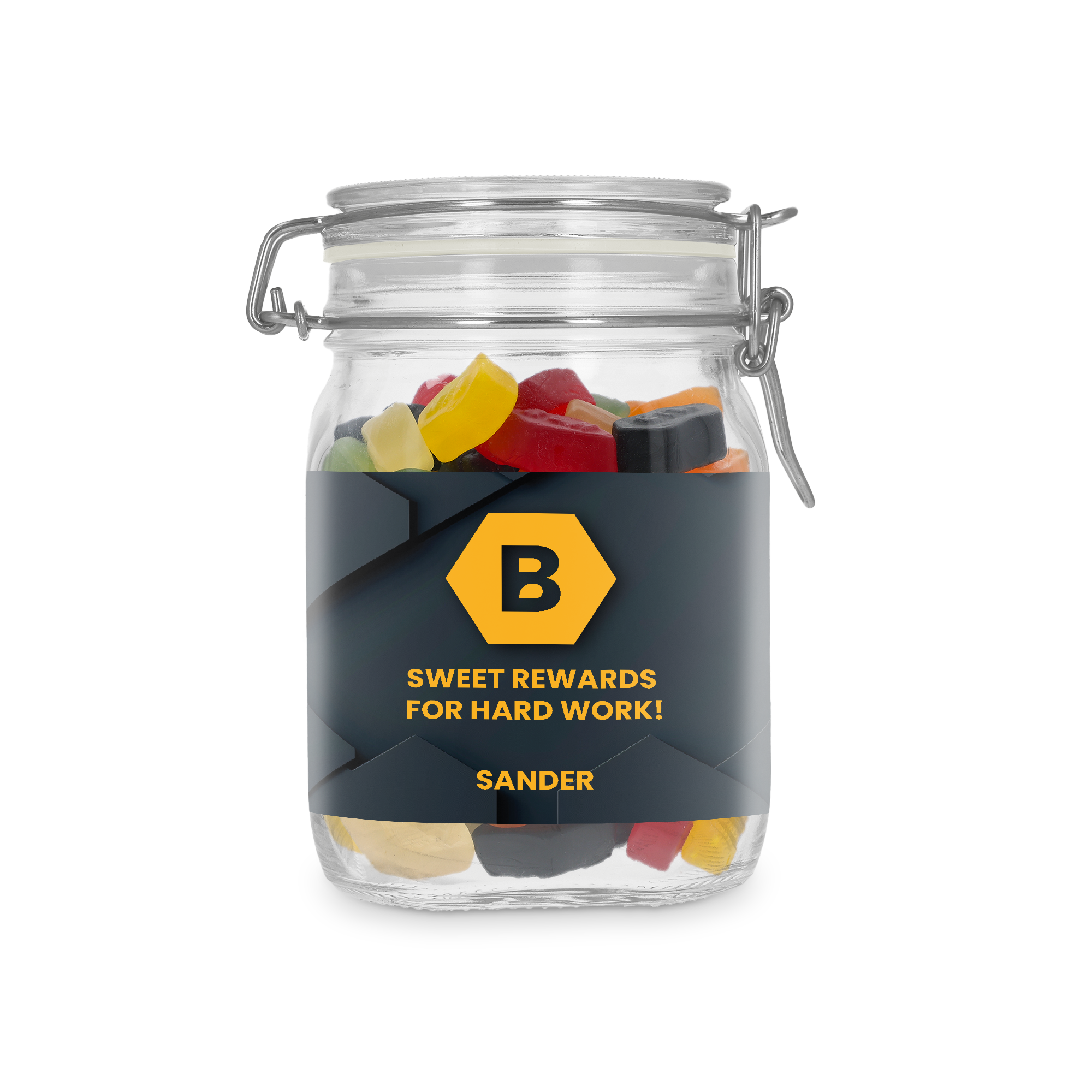 Bocal à bonbons personnalisé avec winegums, imprimé d'un logo B et du texte Sweet Rewards for hard work, Sander