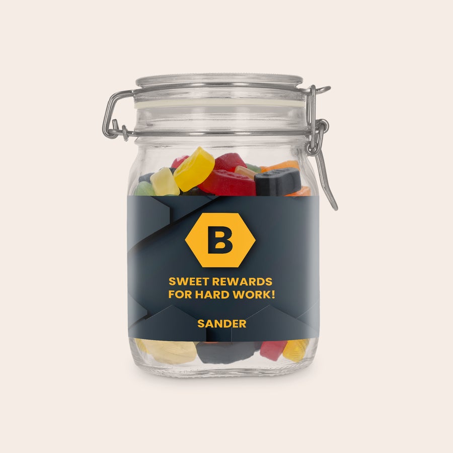 Frasco de doces personalizado Pote de doces personalizado com gomas de vinho, rótulo impresso com texto e nome Sander.