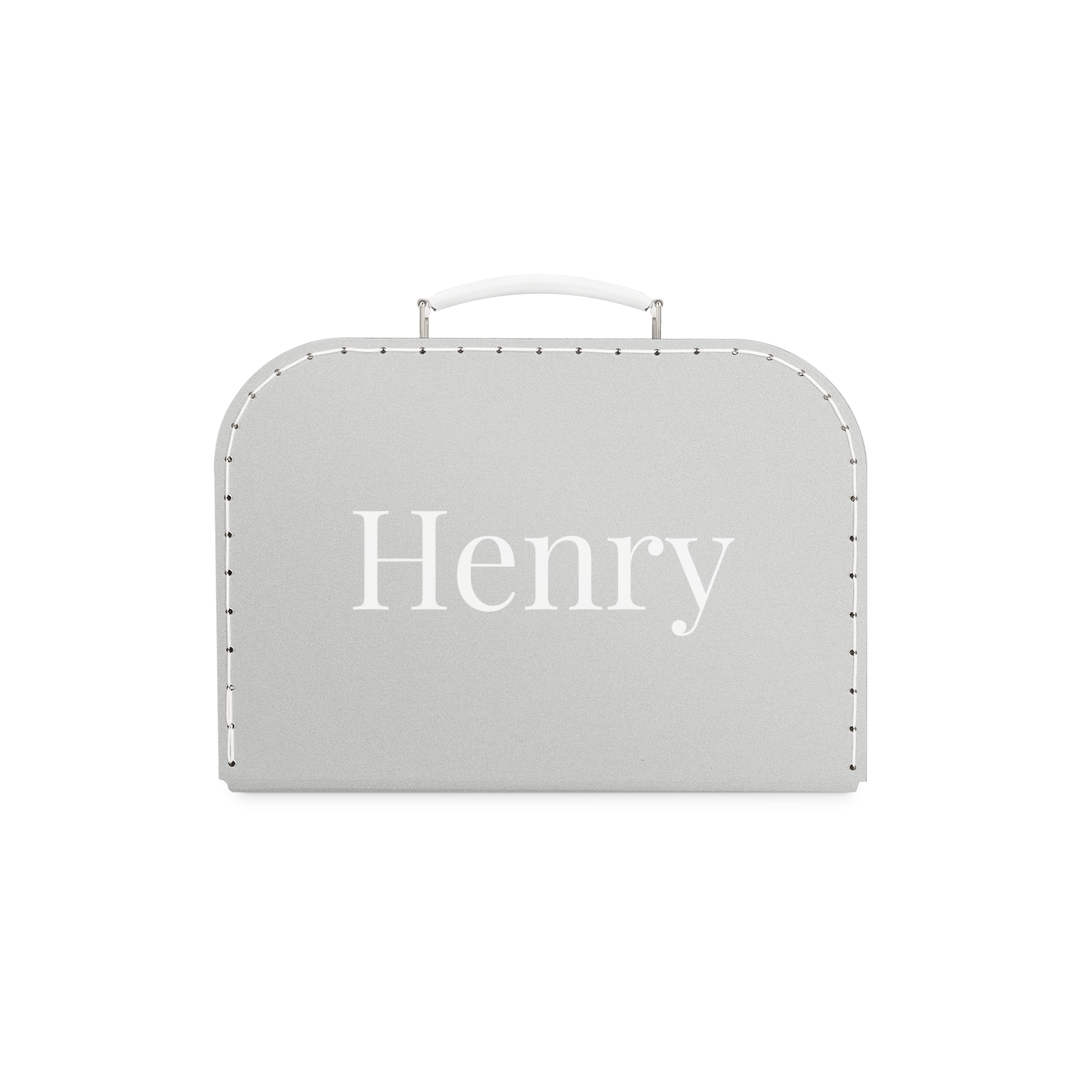 Graues Kinderköfferchen mit Namen Henry in weiß aufgedruckt, ideal für Reisen.