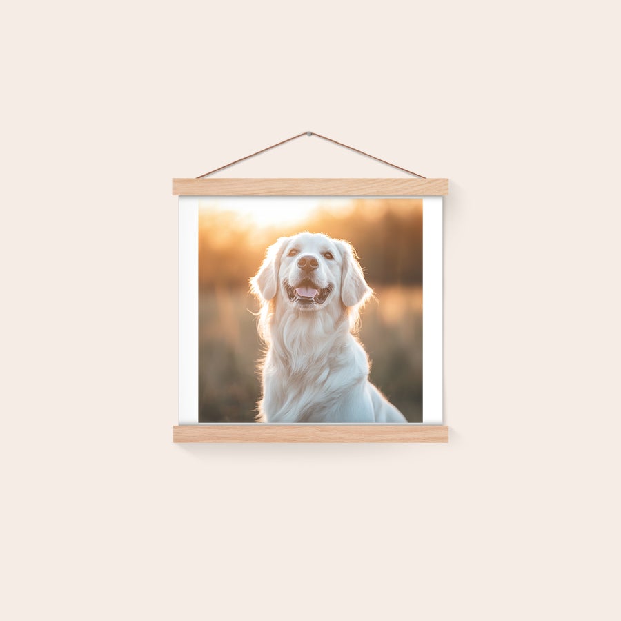 Póster personalizado con colgador Póster con foto de perro Golden Retriever feliz, impreso con colgador magnético de madera.