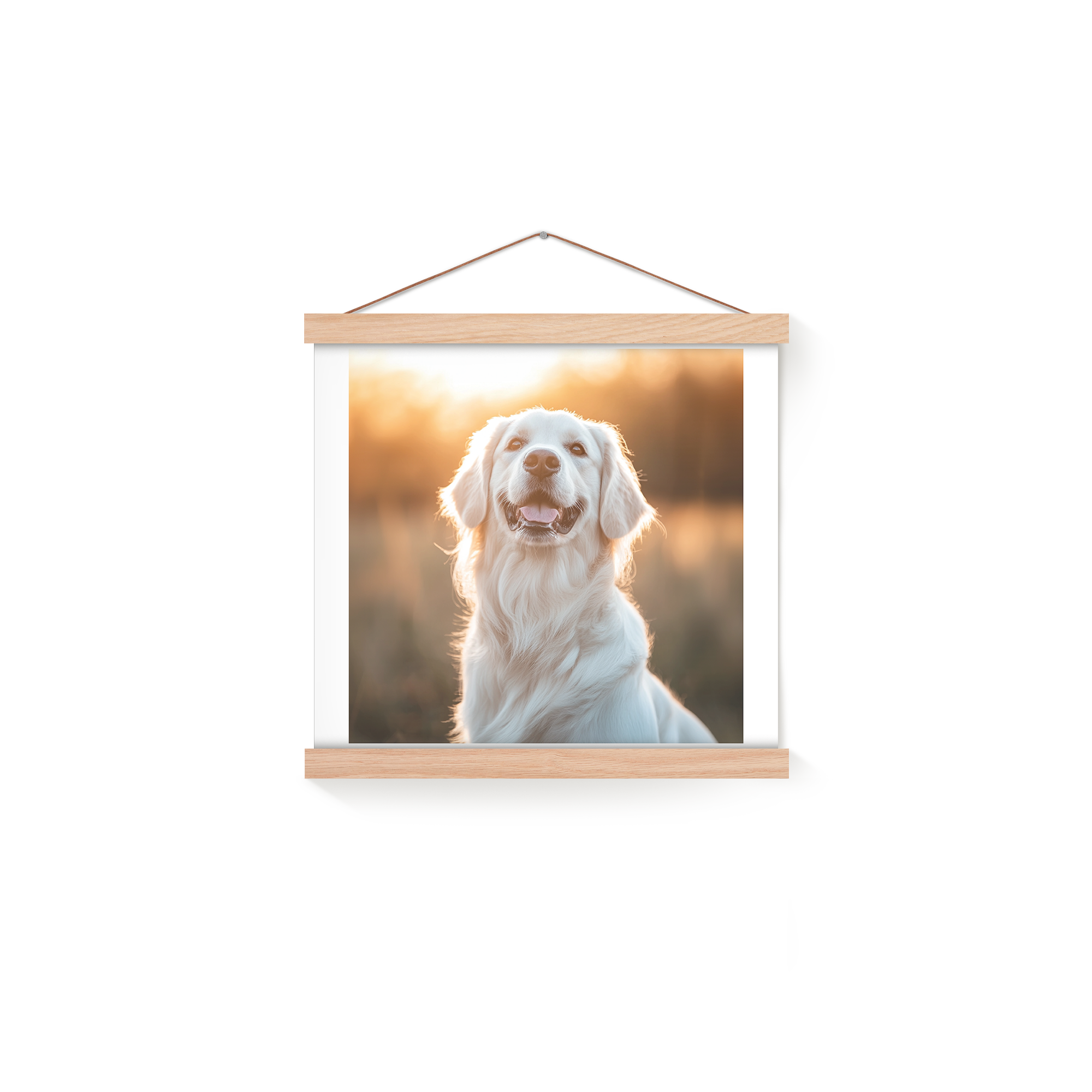 Poster foto personalizat cu un câine Golden Retriever, imprimat cu o fotografie pe un umeraș magnetic din lemn de stejar pentru afișe.