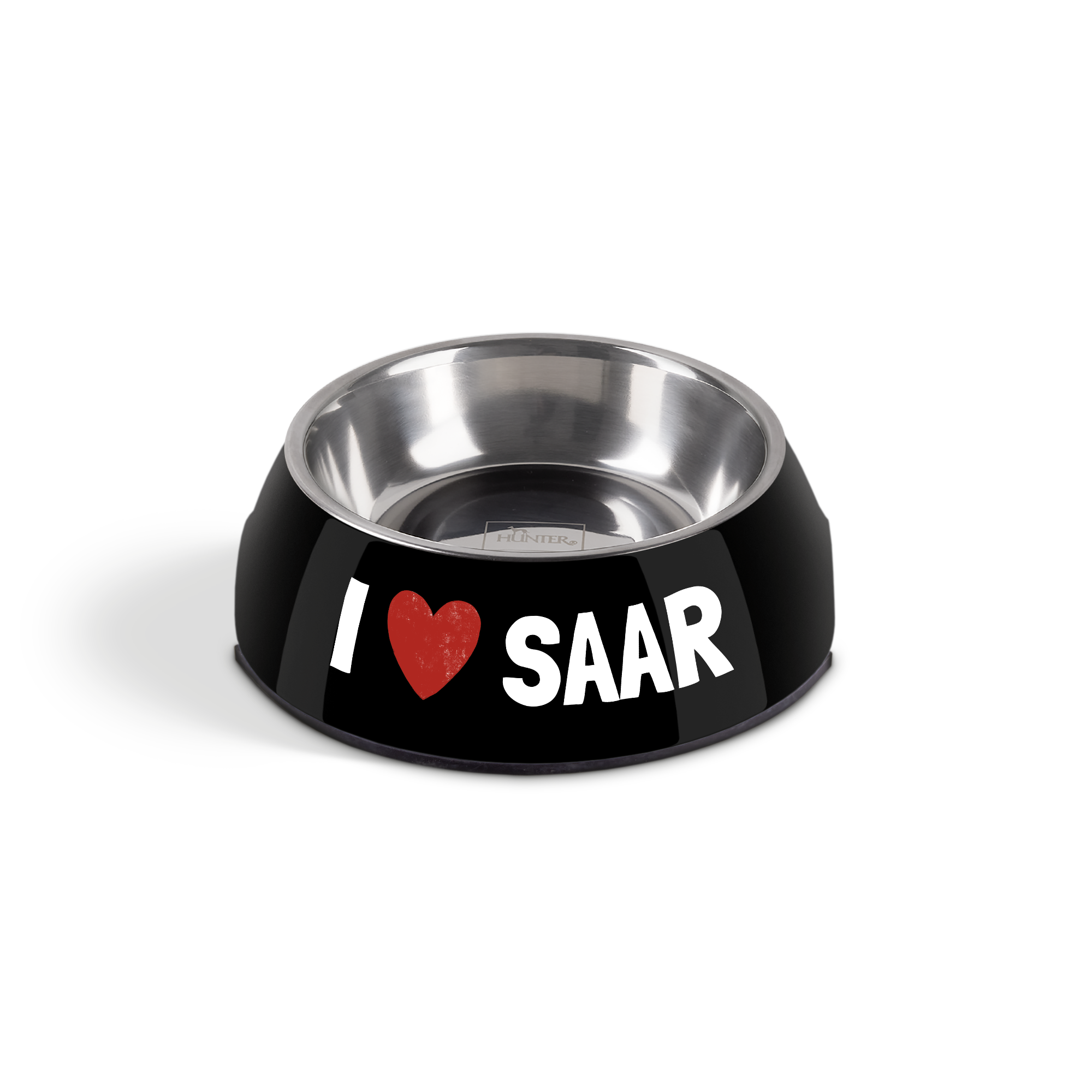 Zwarte RVS hondenvoerbak met geprinte tekst I ❤️ SAAR, een persoonlijke hondenvoerbak met naam.