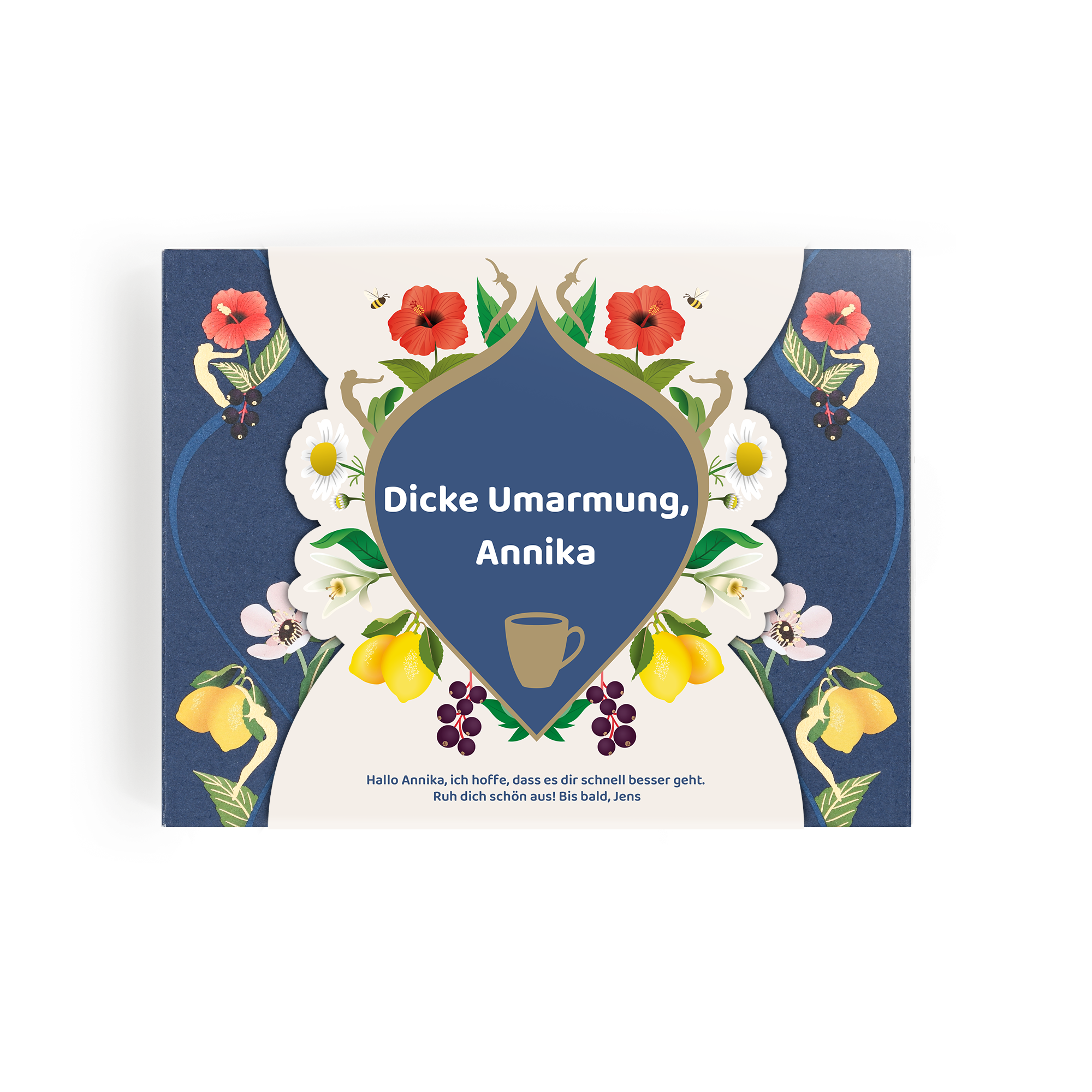 Pukka-Tee-Geschenkset mit Blumenmuster, personalisiert mit dem Namen Annika und einer Nachricht gedruckt
