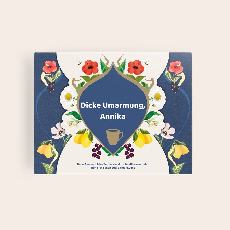 Personalisierte Pukka tea Pukka-Tee-Geschenkset mit Blumenmuster, personalisiert mit dem Namen Annika und einer Nachricht gedruckt