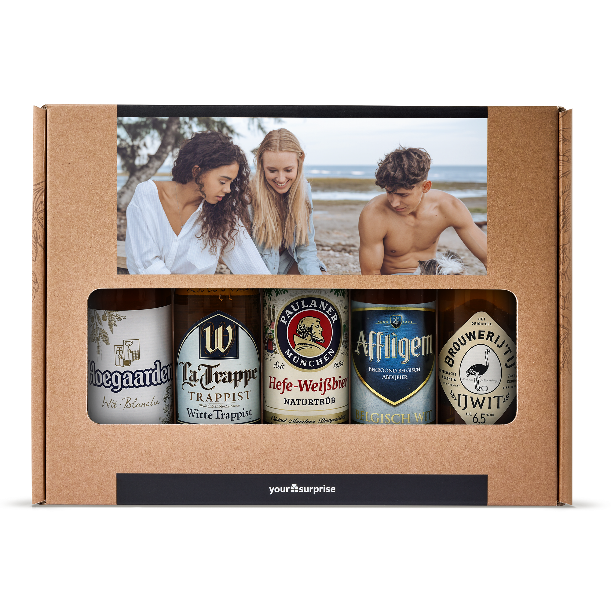 Ein personalisiertes Biergeschenkset zum Vatertag mit Fotoaufdruck und fünf Bierflaschen.