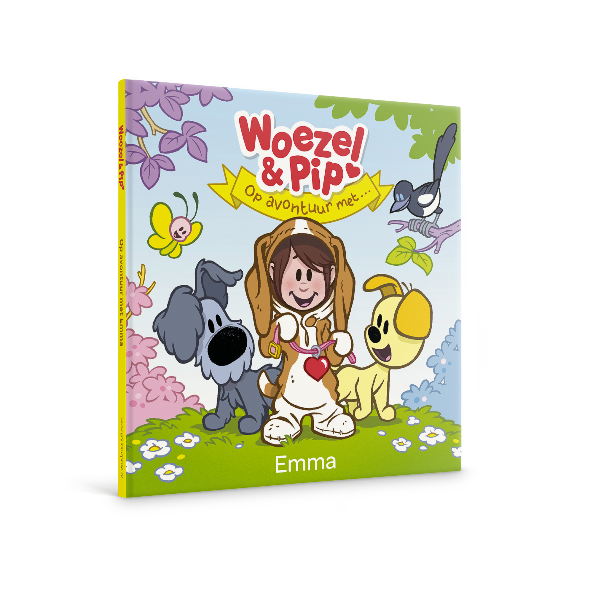 Gepersonaliseerd kinderboek Woezel & Pip 'op Avontuur met...' met naam Emma op de voorkant.