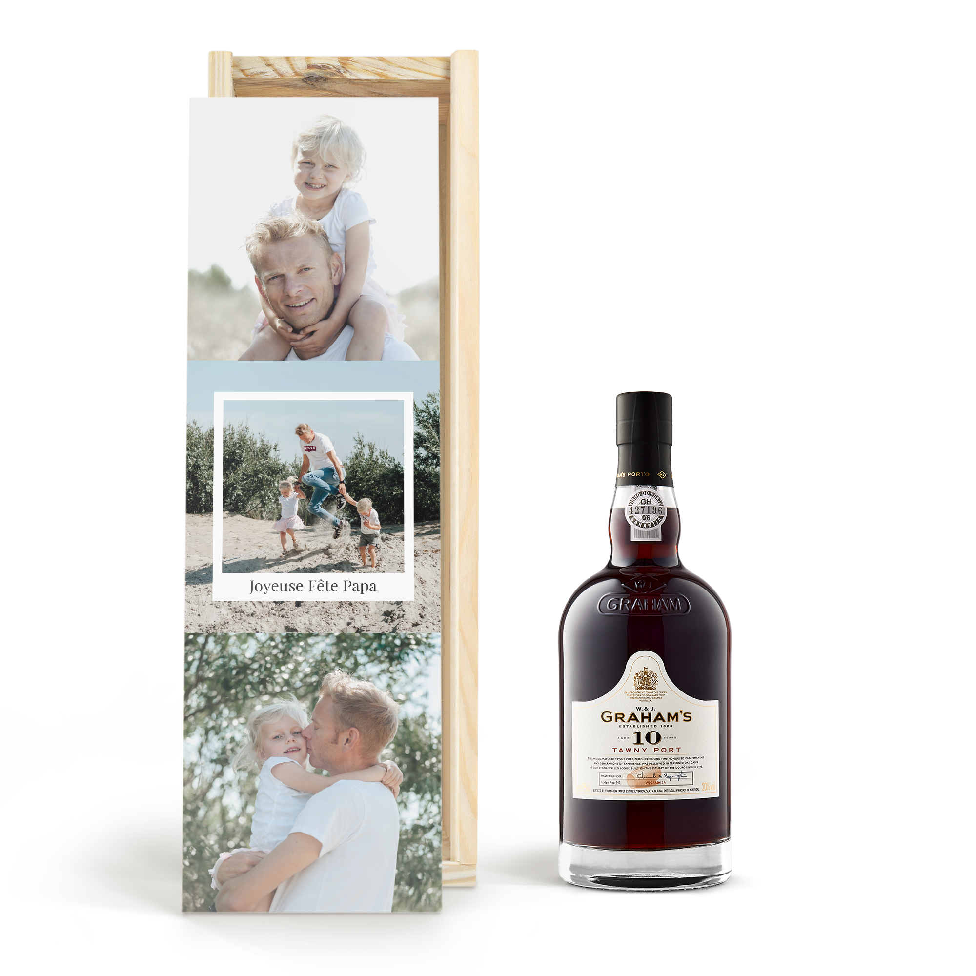 Bouteille de porto Tawny Graham's 10 ans avec coffret en bois personnalisé par impression photo et texte Joyeuse Fête Papa