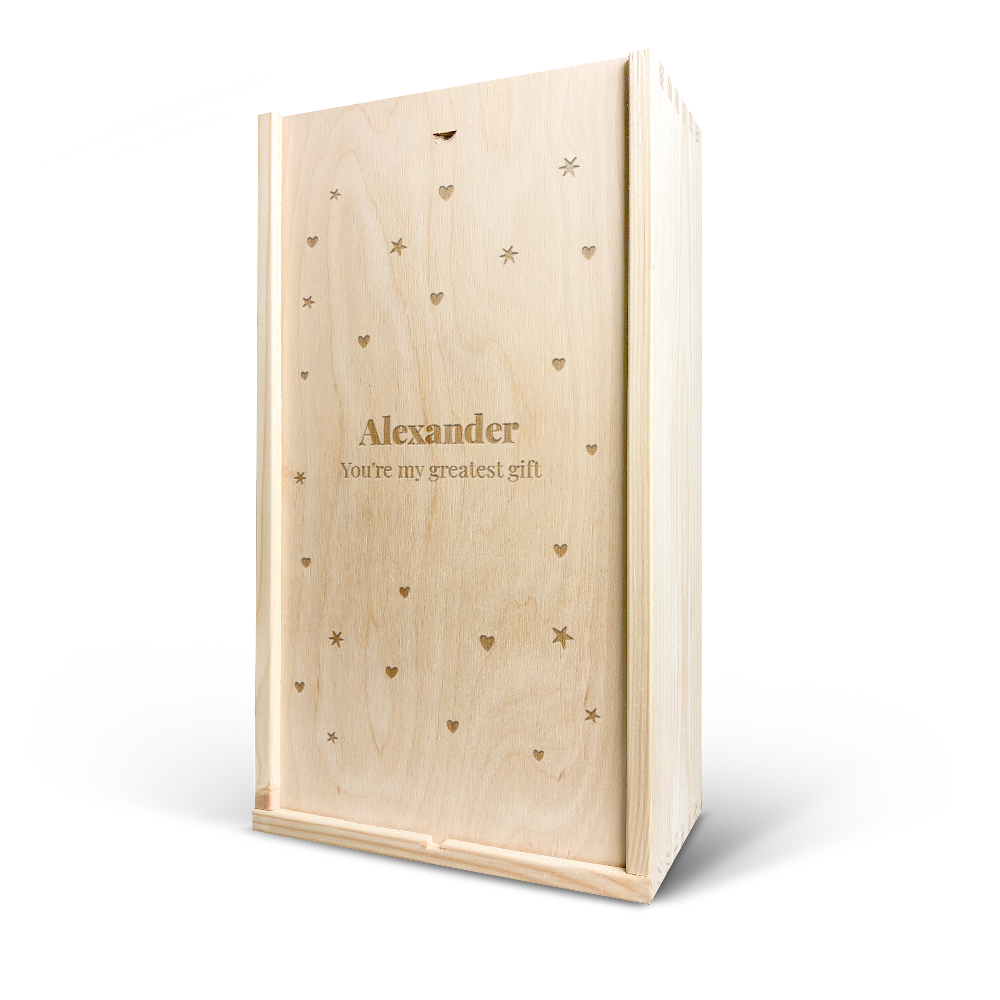 Caja de madera para vino grabada con "Alexander You're my greatest gift" y diseños de corazones y estrellas
