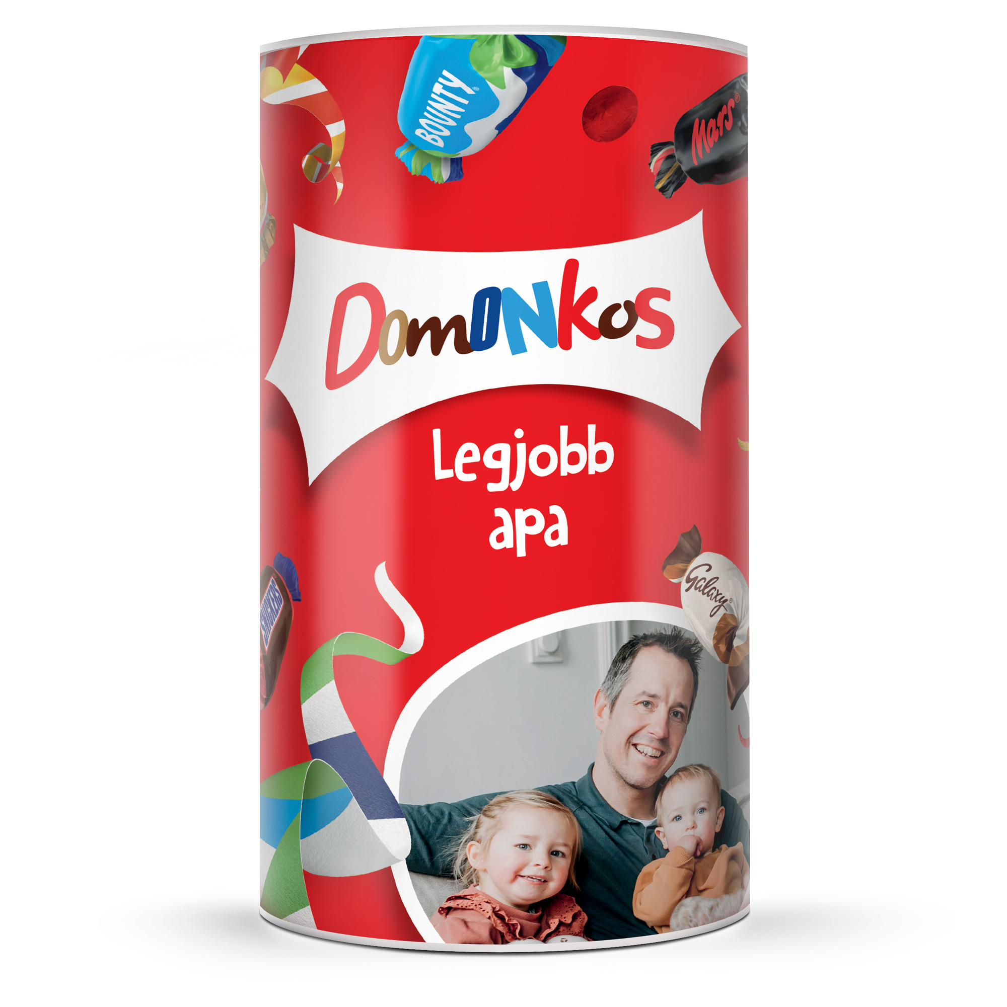 Személyre szabott ünnepi doboz apáknak, fotóval és Domonkos Legjobb apa felirattal nyomtatva.