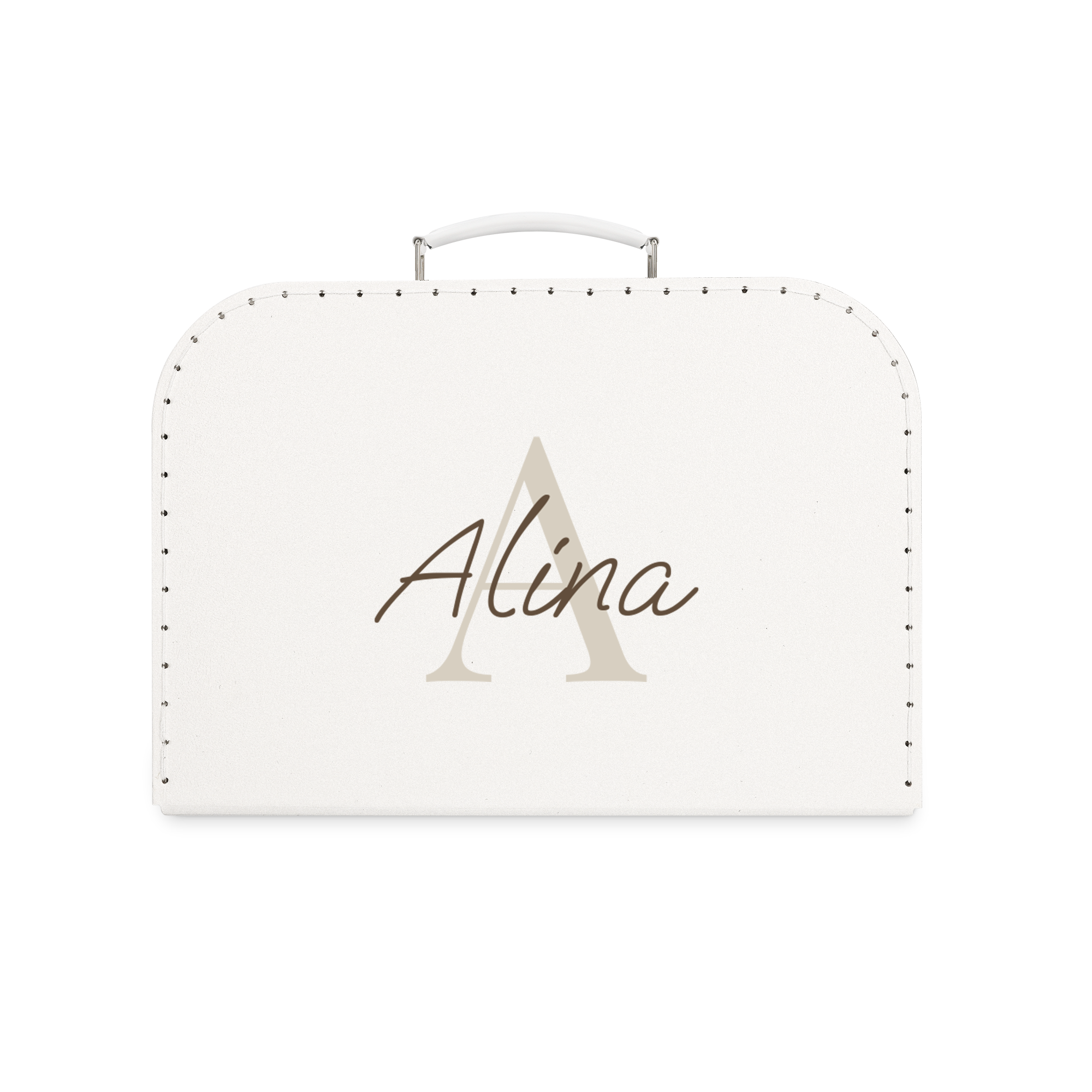 Weißes Kinderköfferchen mit Namen Alina und großem A-Anfangsbuchstaben bedruckt, ideal für Reisen