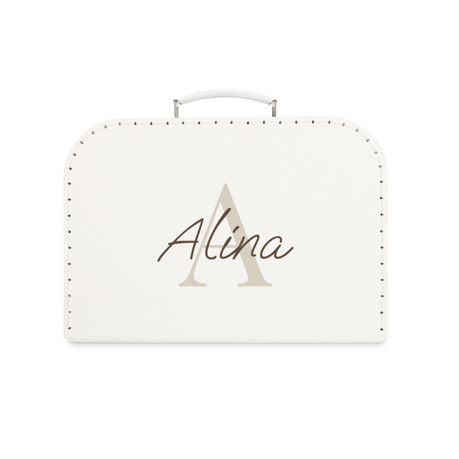 Kinderkoffer Personalisiert Weißes Kinderköfferchen mit Namen Alina und großem A-Anfangsbuchstaben bedruckt, ideal für Reisen