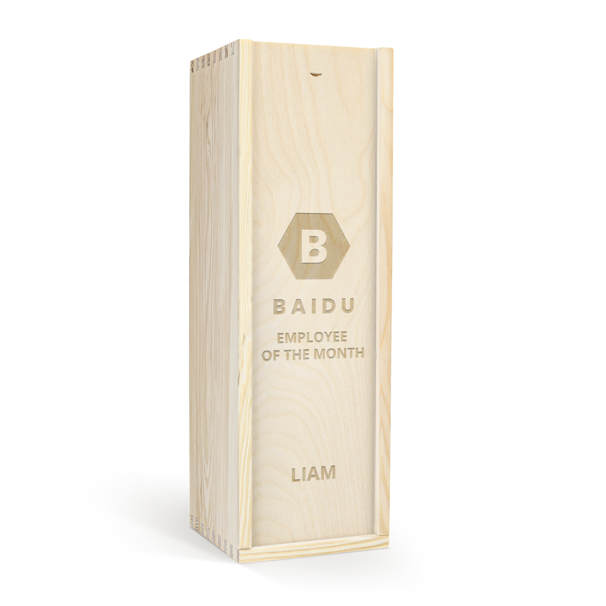 Dřevěné dárkové balení na víno AIX rosé Magnum s gravírovaným logem a textem "Employee of the Month Liam"