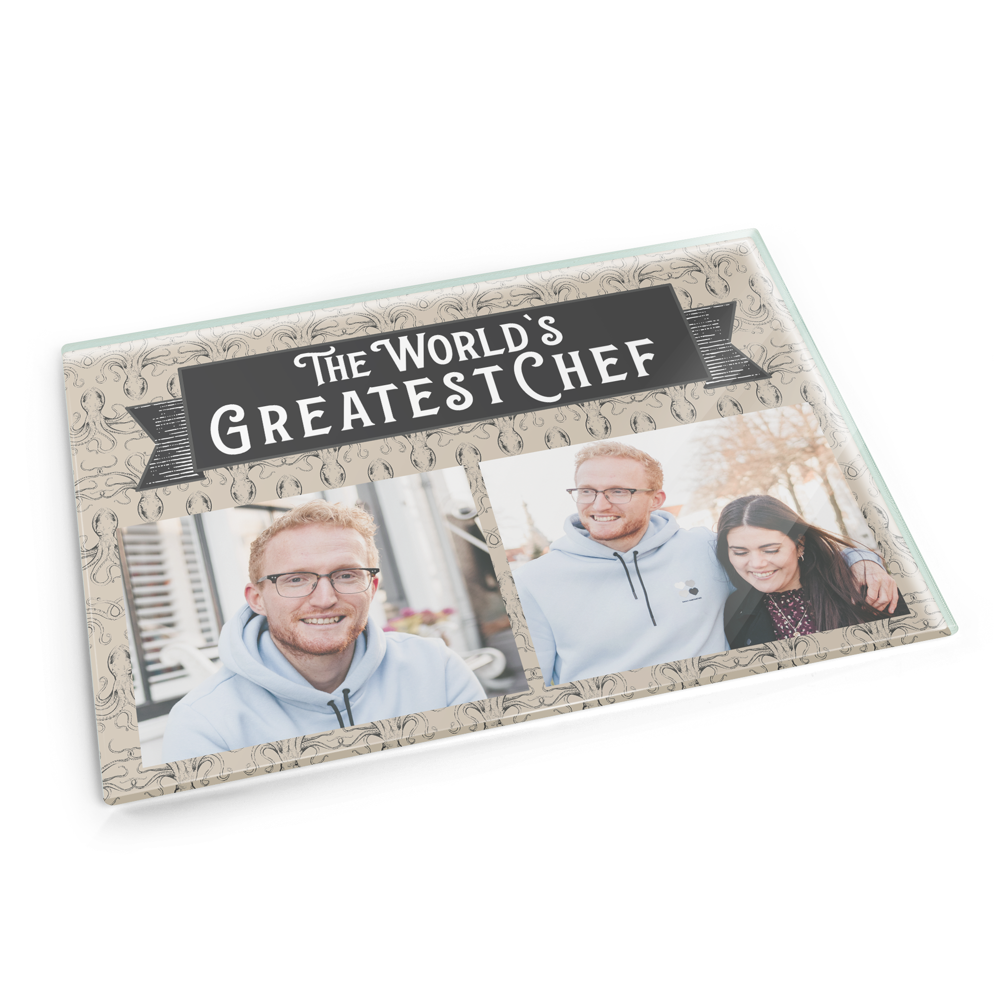 Masă de tocat din sticlă, personalizată cu fotografia unui bărbat și o femeie, textul "The World's Greatest Chef" și model cu caracatițe.