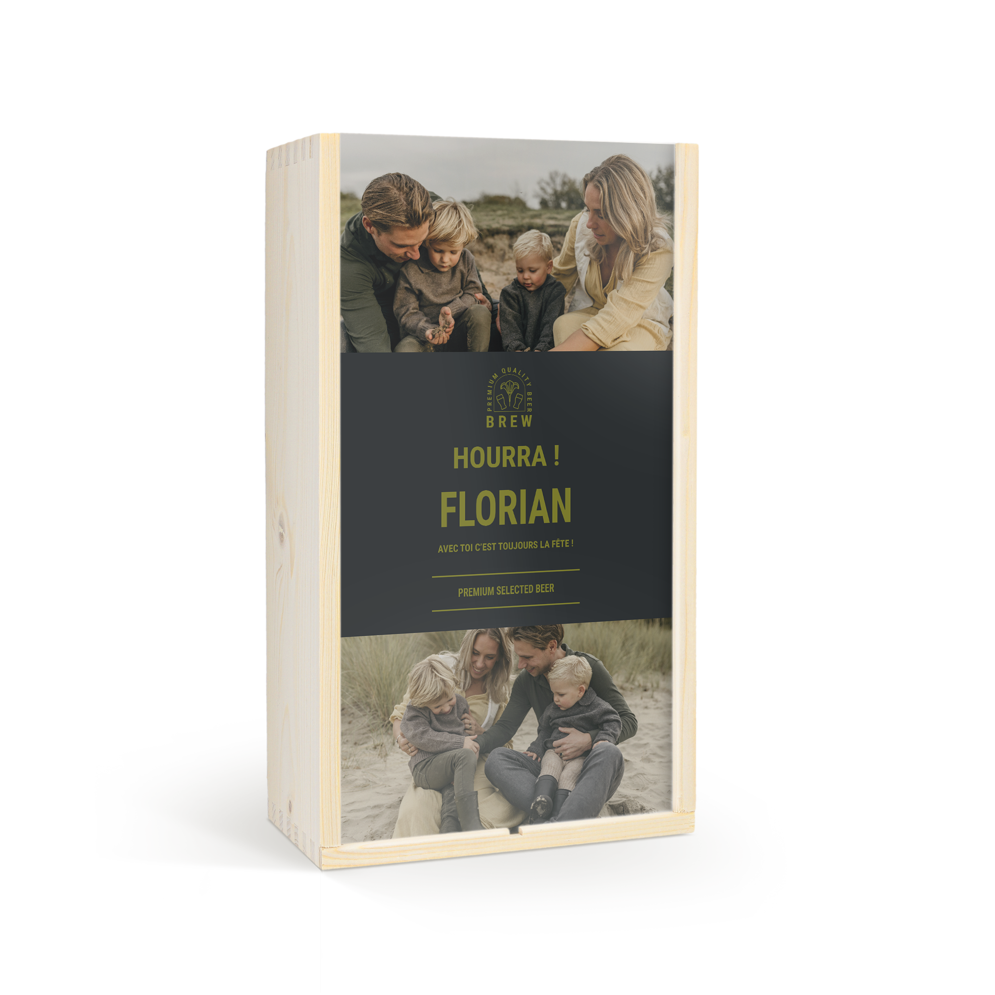Coffret bière Westmalle personnalisé pour la Fête des Pères, avec photo de famille et message "HOURRA ! FLORIAN AVEC TOI C'EST TOUJOURS LA FÊTE !" imprimés.