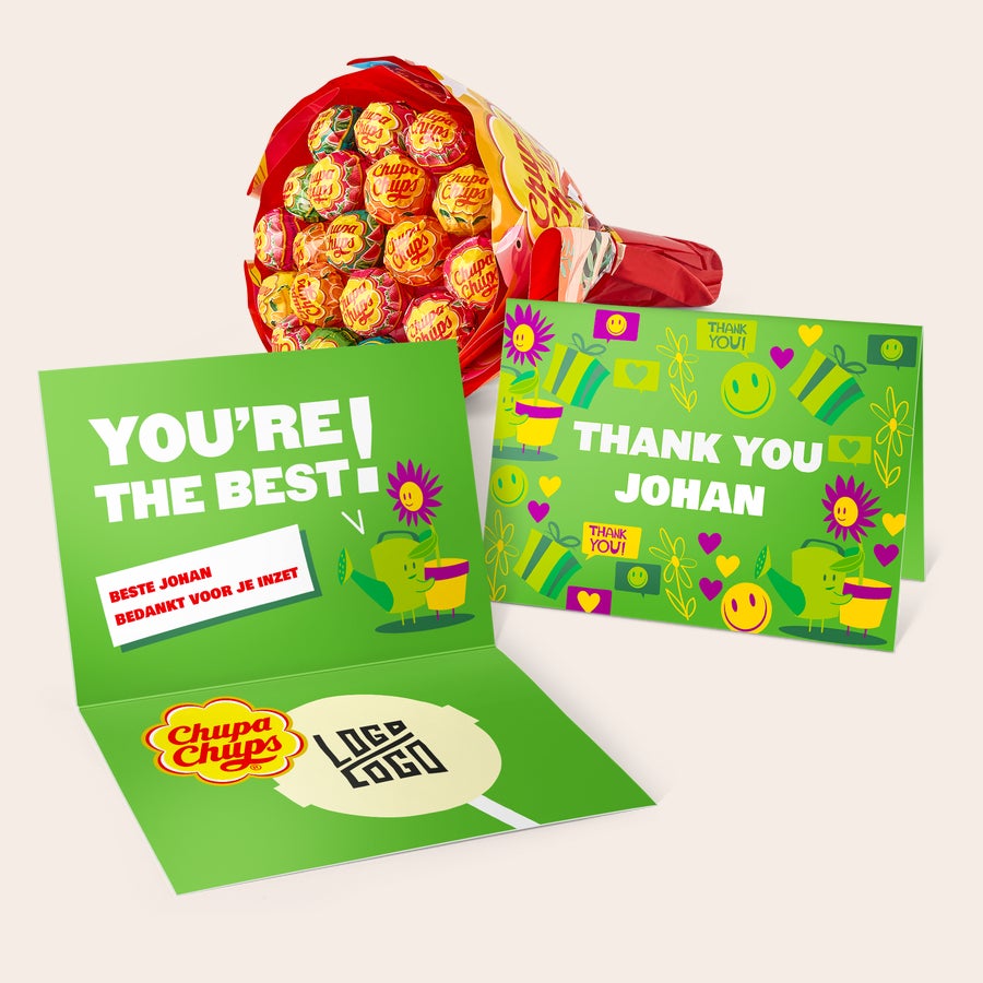 Chupa Chups Lolly Boeket met persoonlijke wenskaart Chupa Chups lolly boeket met gepersonaliseerde wenskaart voor Johan bedankt voor je inzet