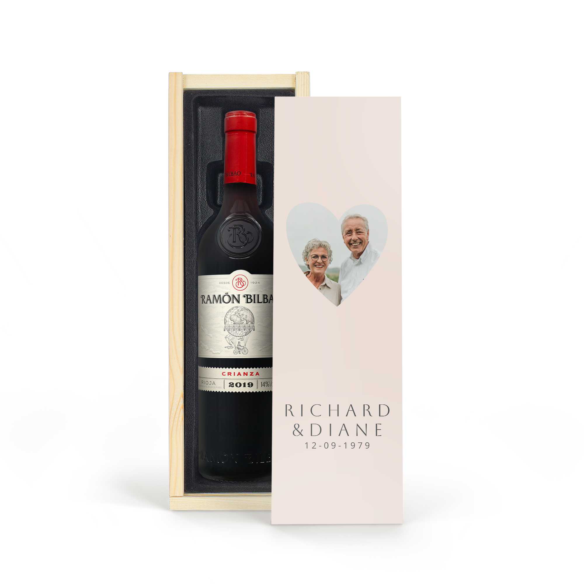 Bottiglia di vino rosso Ramon Bilbao Gran Crianza in scatola di legno personalizzata con foto e testo