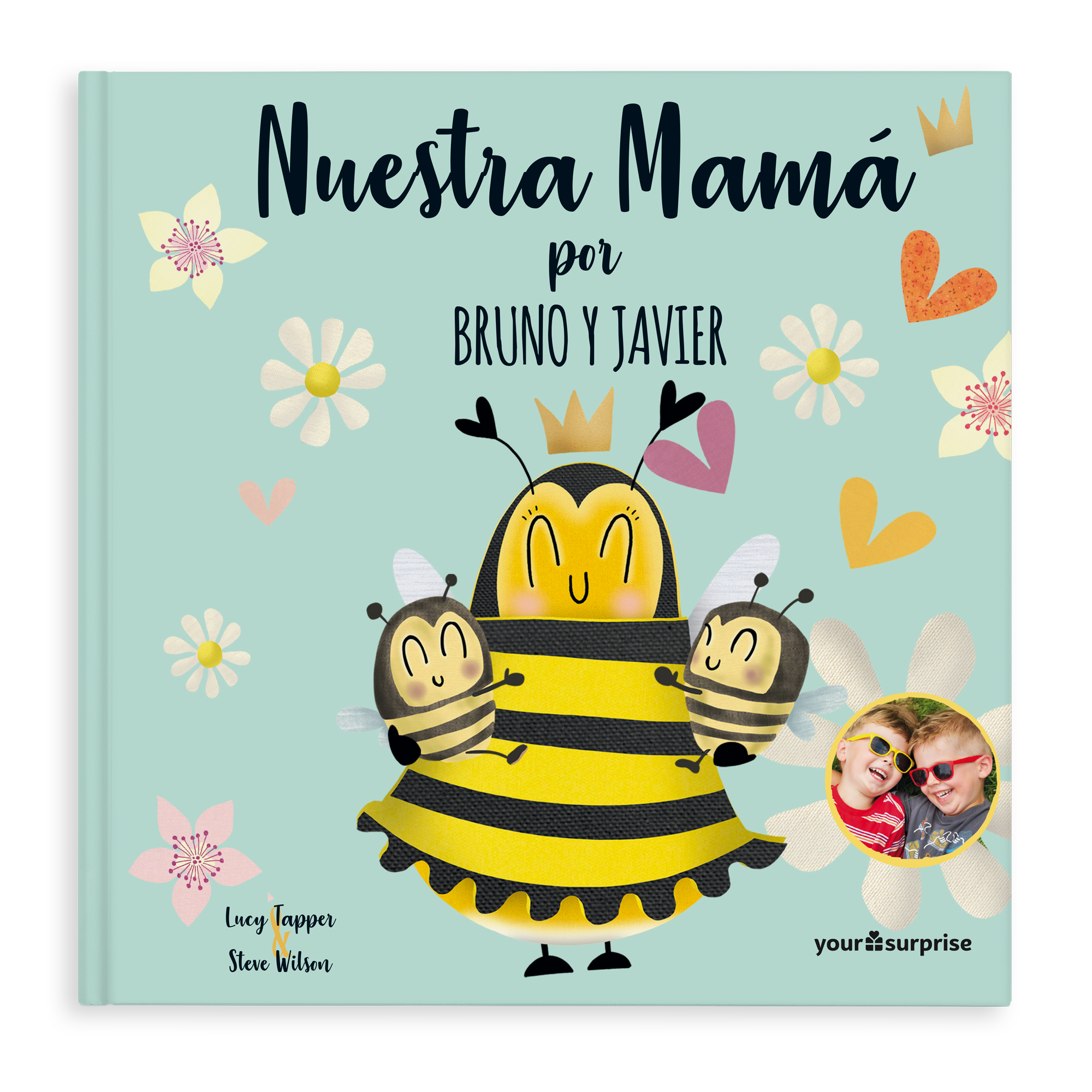 Libro personalizado Nuestra Mamá con diseño de abejas, nombres impresos "Bruno y Javier" y foto de dos niños en la portada.