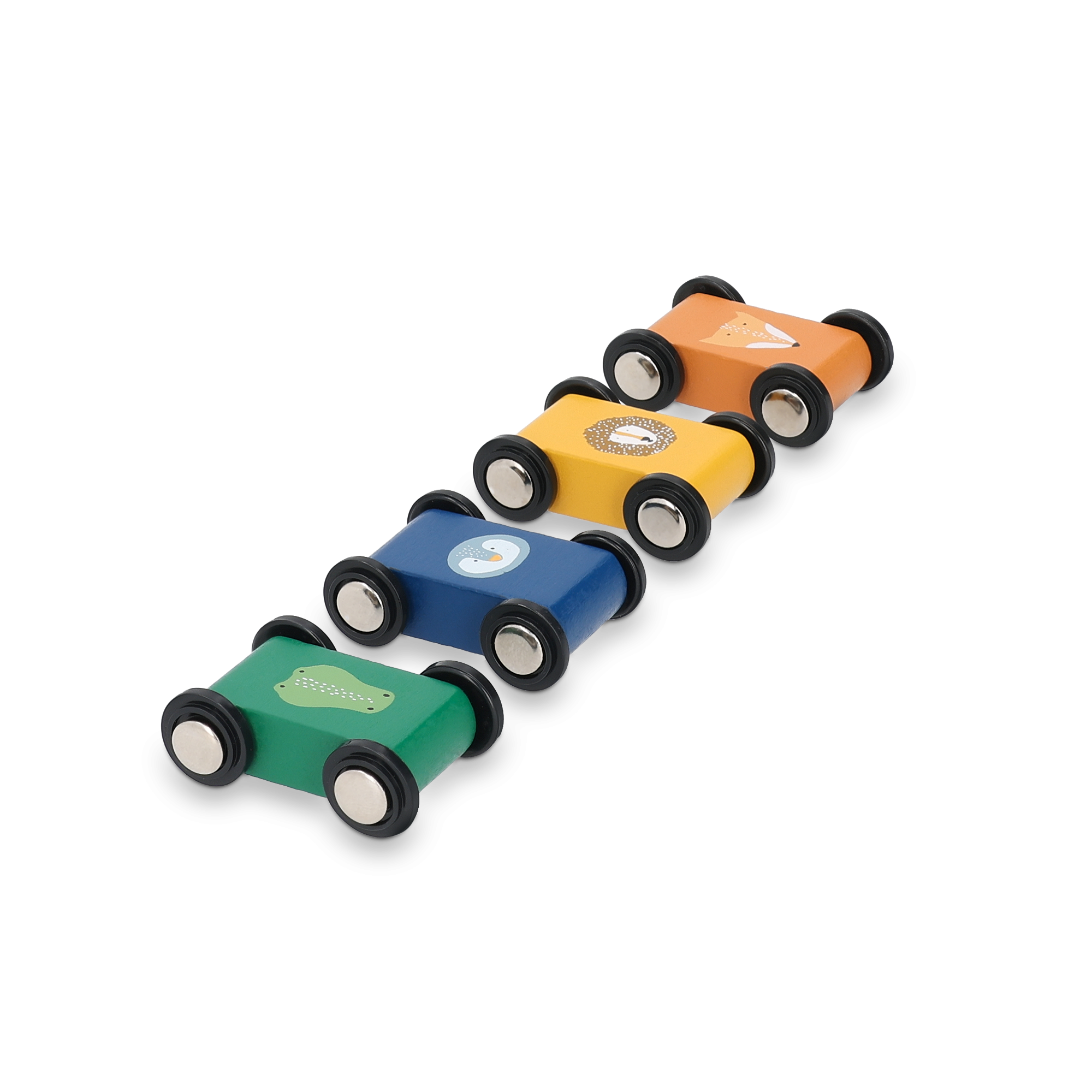 Vier bunte Holzautos mit Tiermotiven für stundenlangen Spaß auf der personalisierten Holzrennbahn mit Namen