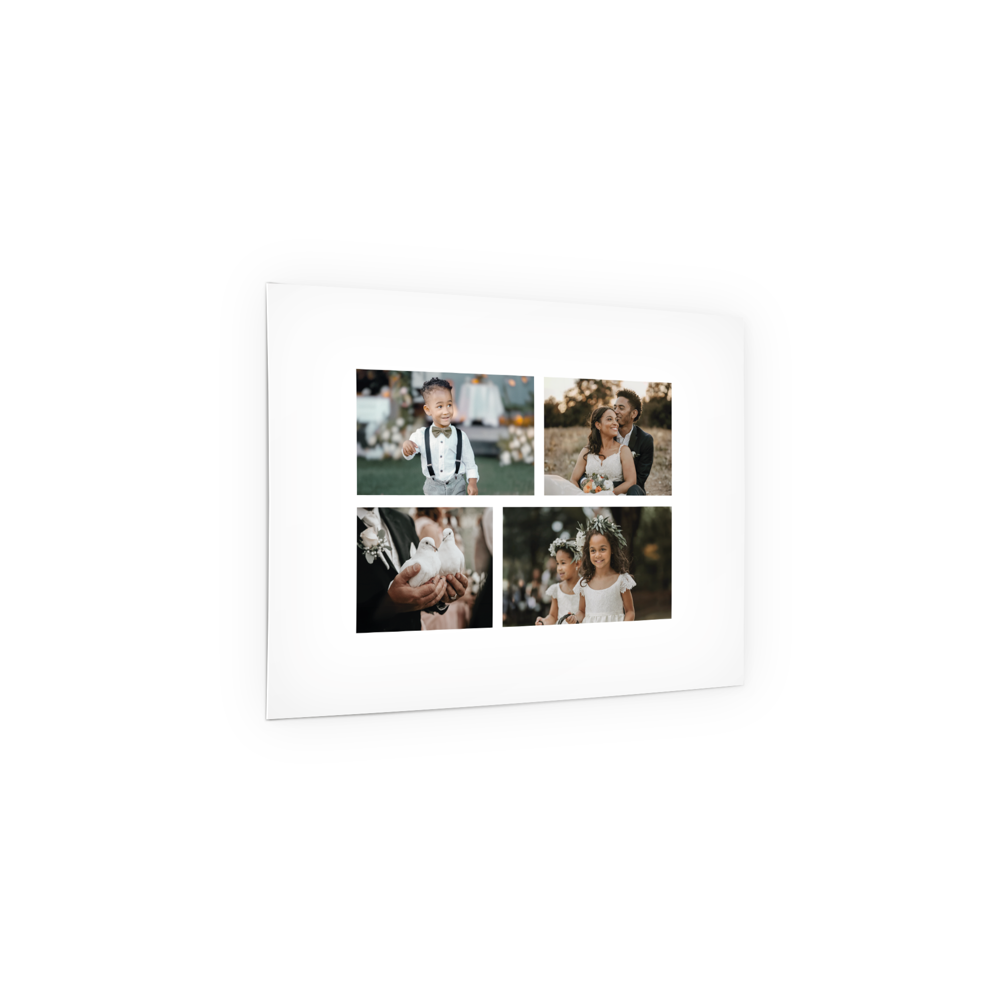 Ein Fotoposter mit personalisierter Collage aus vier Hochzeitsfotos. Genieße deine schönsten Momente auf einzigartige Weise, dein Foto als Poster.