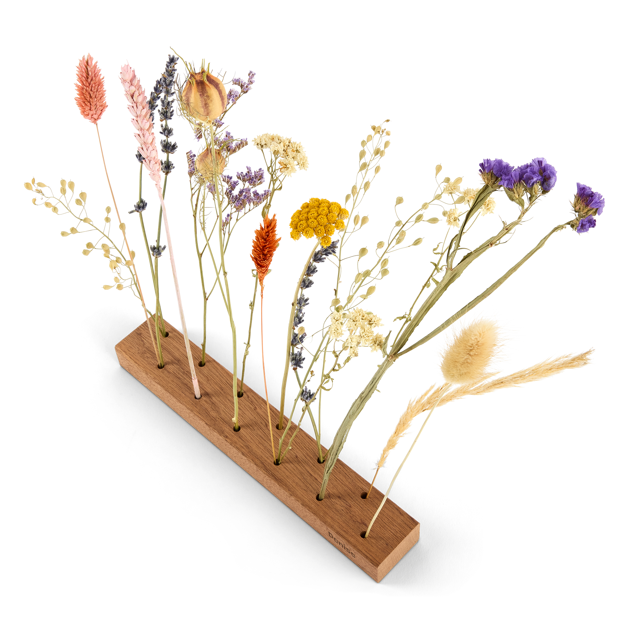 Personalised dried flower gift with a wooden stand engraved with the name Denise and various colorful dried flowers