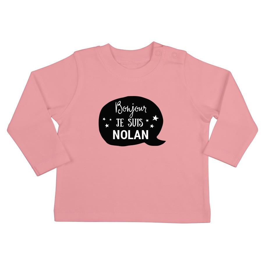 T-shirt bébé personnalisé - Manches longues - Rose pâle - 50/56