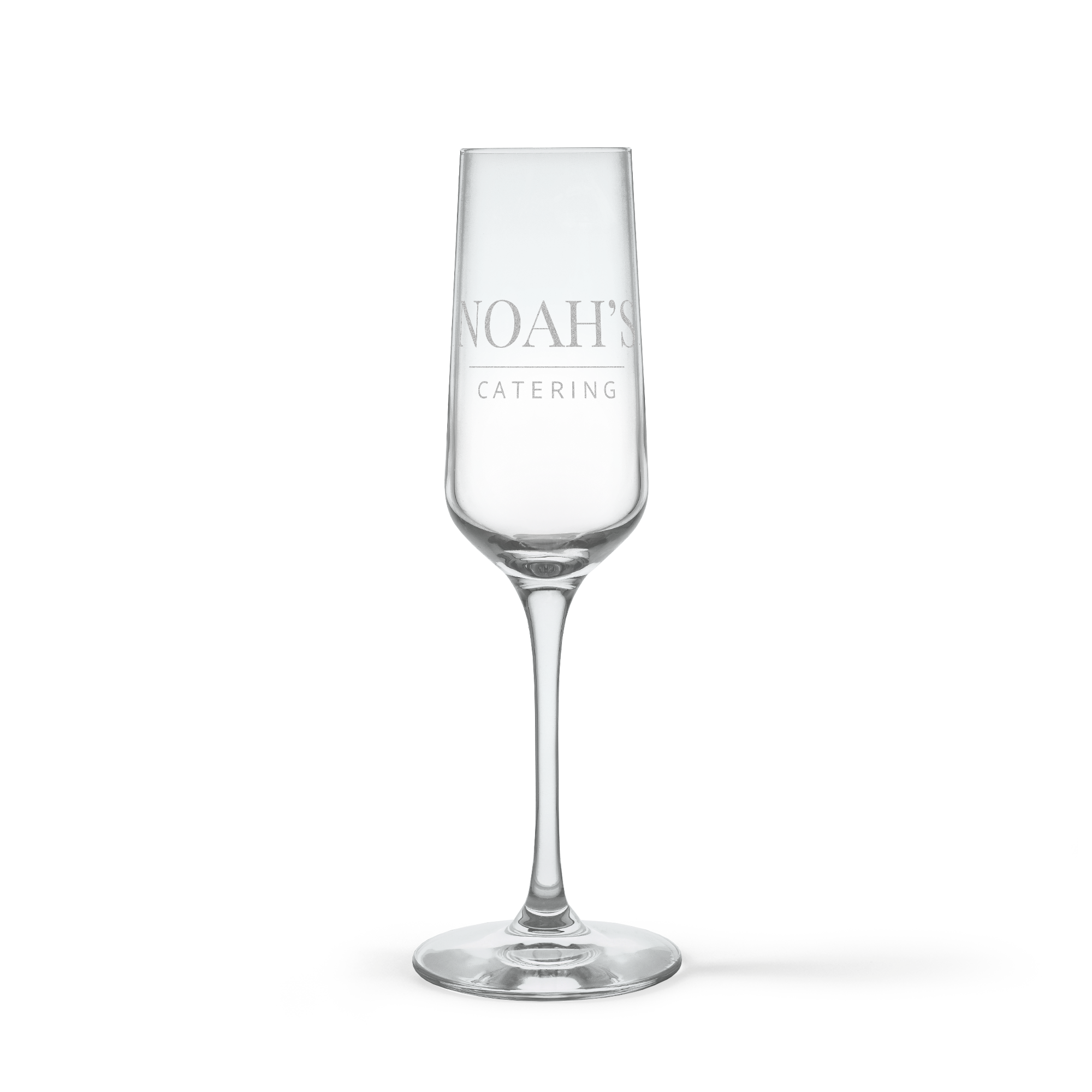 Personalisiertes Champagner-Kristallglas mit eingraviertem "NOAH'S CATERING" Schriftzug für besondere Momente
