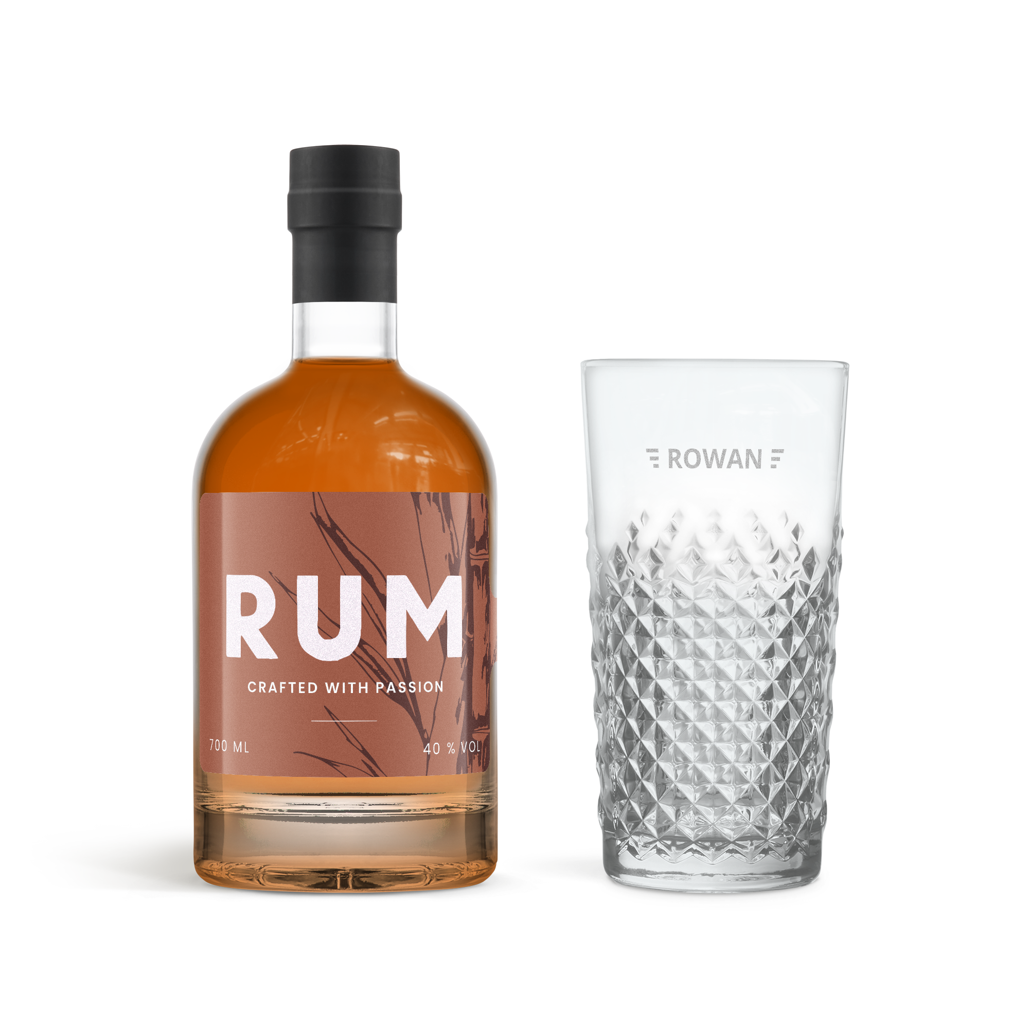 Luxe rumpakket met glas, fles rum en gegraveerd rumglas met de naam Rowan.