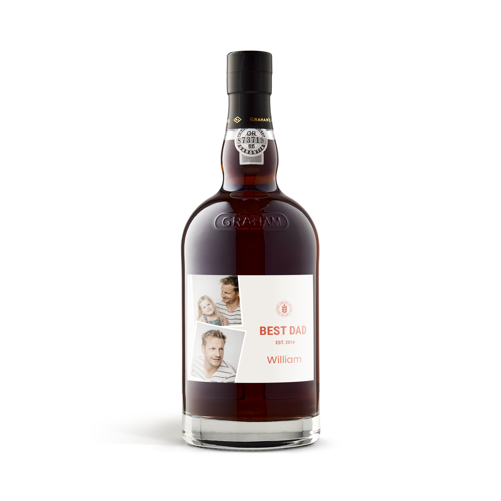Botella de Graham's Tawny Reserve con etiqueta fotográfica personalizada con dos fotos, "Best Dad Est. 2014" y "William".