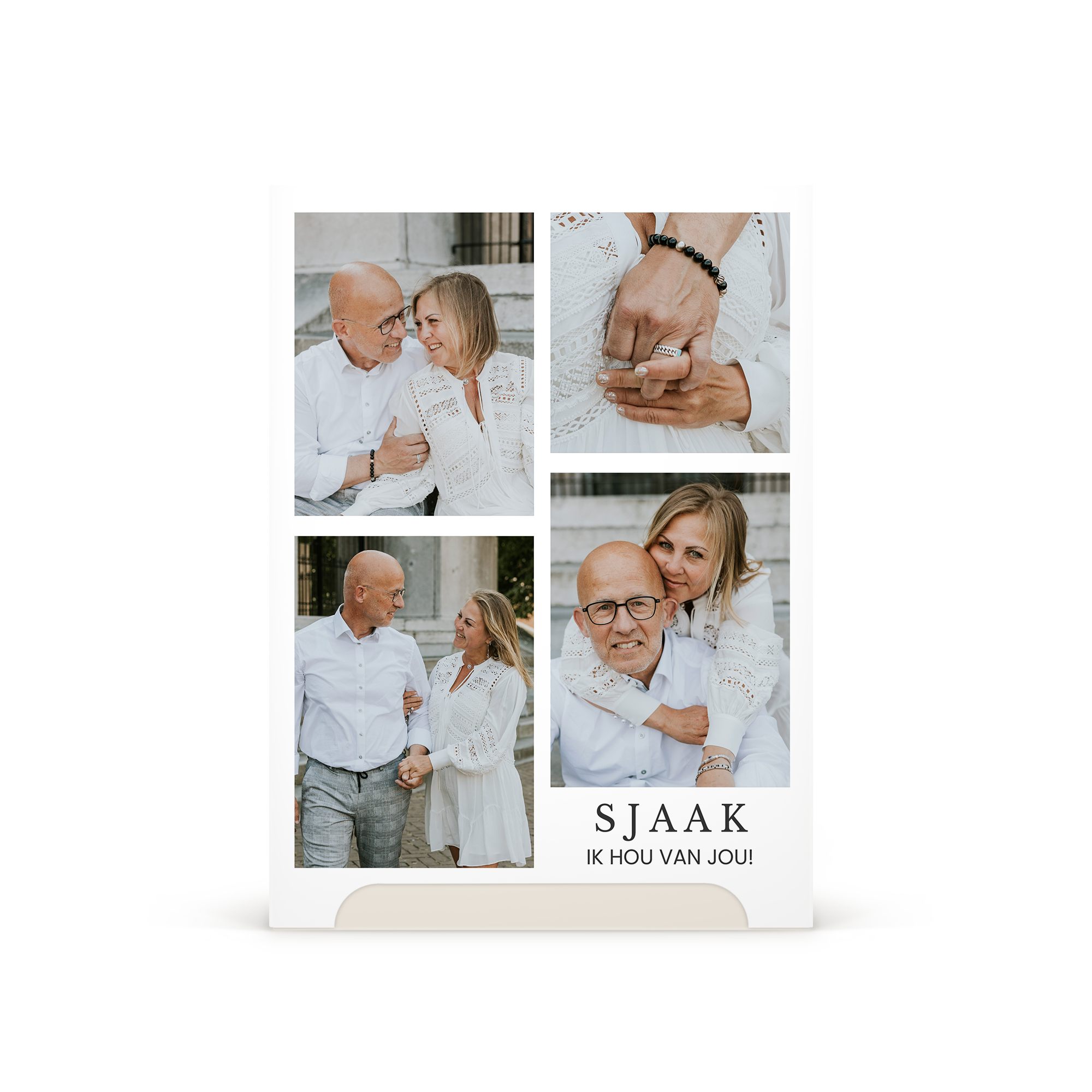 Vierkante gepersonaliseerde Bonne Maman giftbox met collagefoto van een stel en de tekst "Sjaak ik hou van jou!"