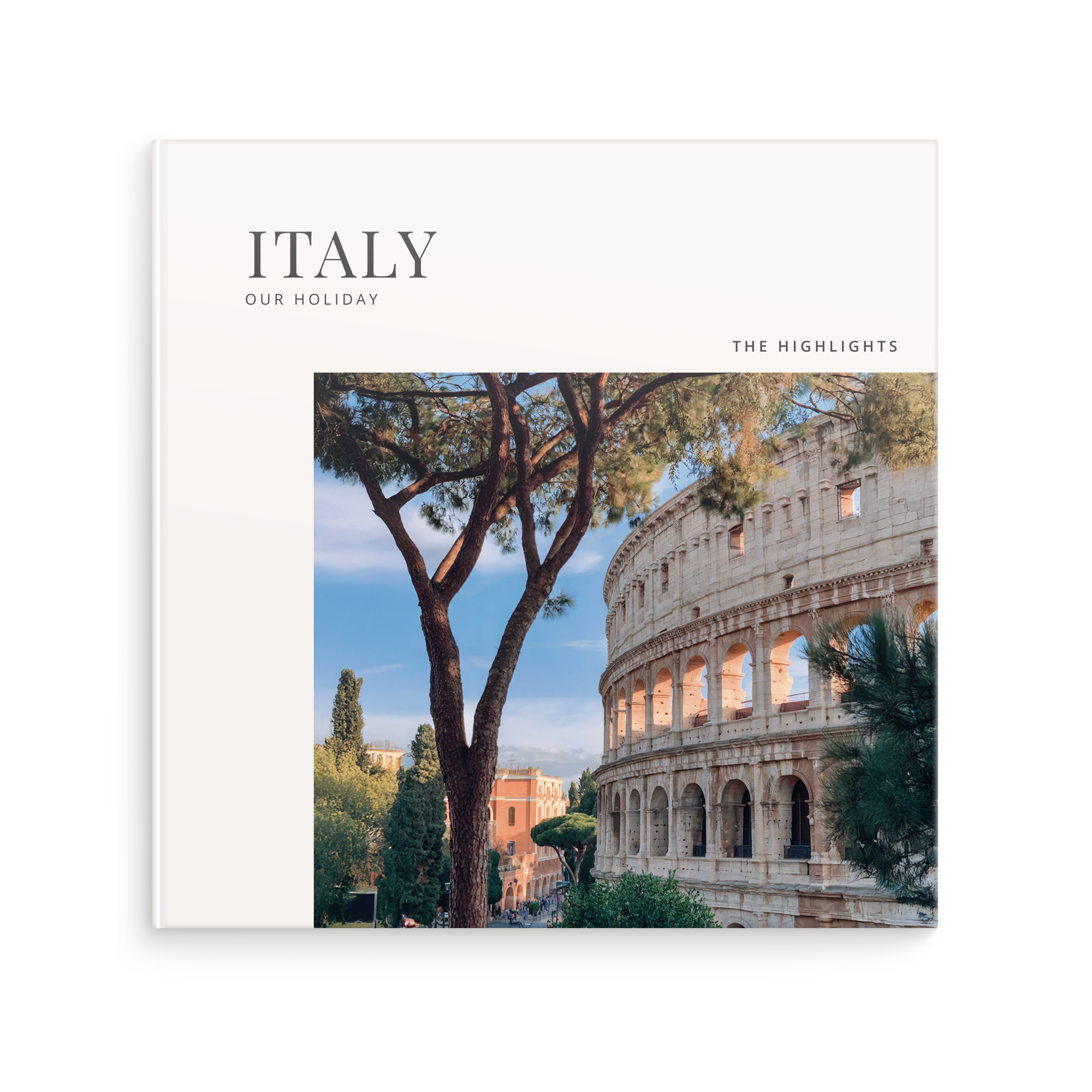 Personalised photo album - 29.5 x 29.5 cm - Hardcover - Holiday - from 28 pages, printed with a photo of the Colosseum and the text Italy Our Holiday The Highlights.