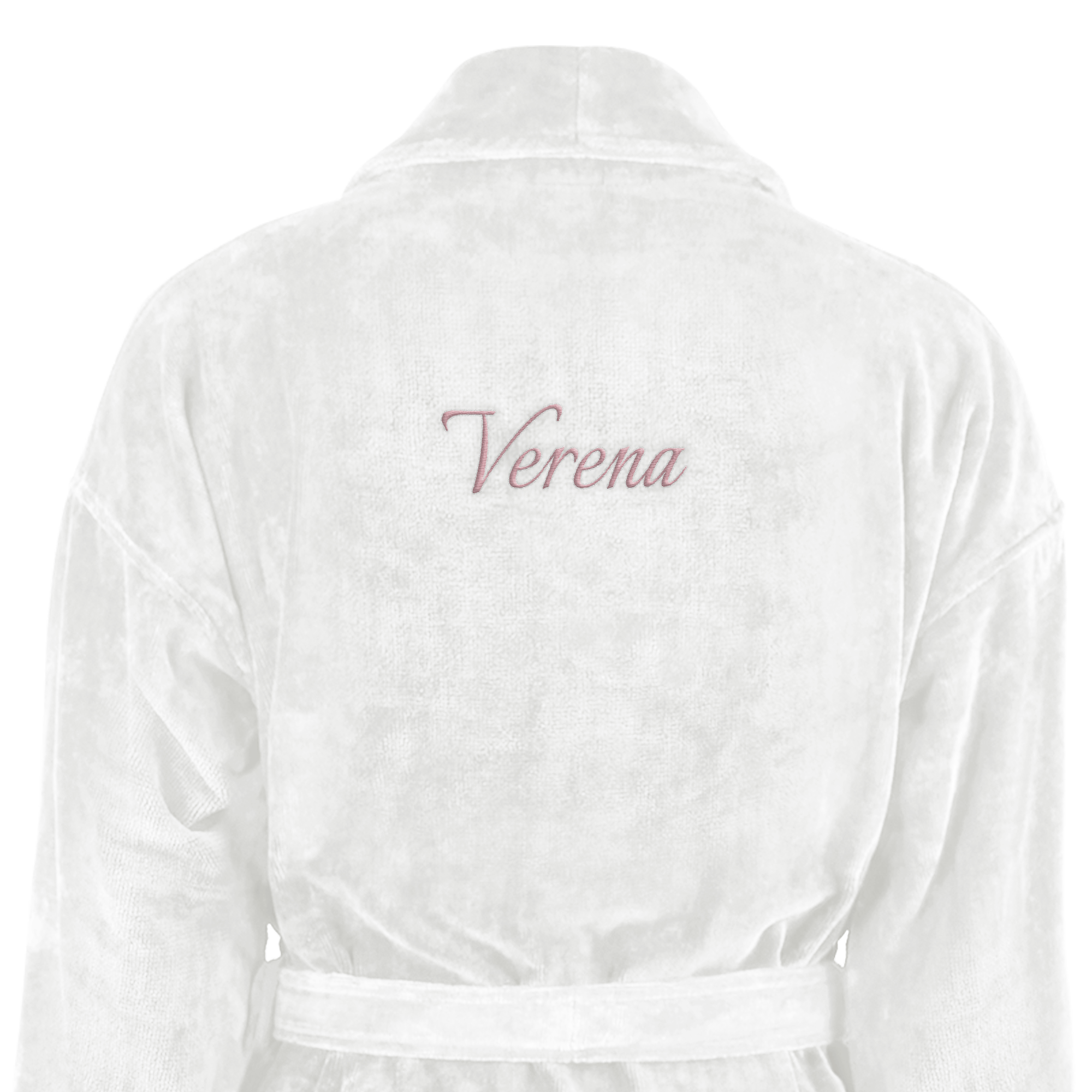 Weißer Bademantel aus Frottee, bestickt mit dem Namen Verena in rosa Schrift. Ihr eigener Bademantel mit Namen bestickt!